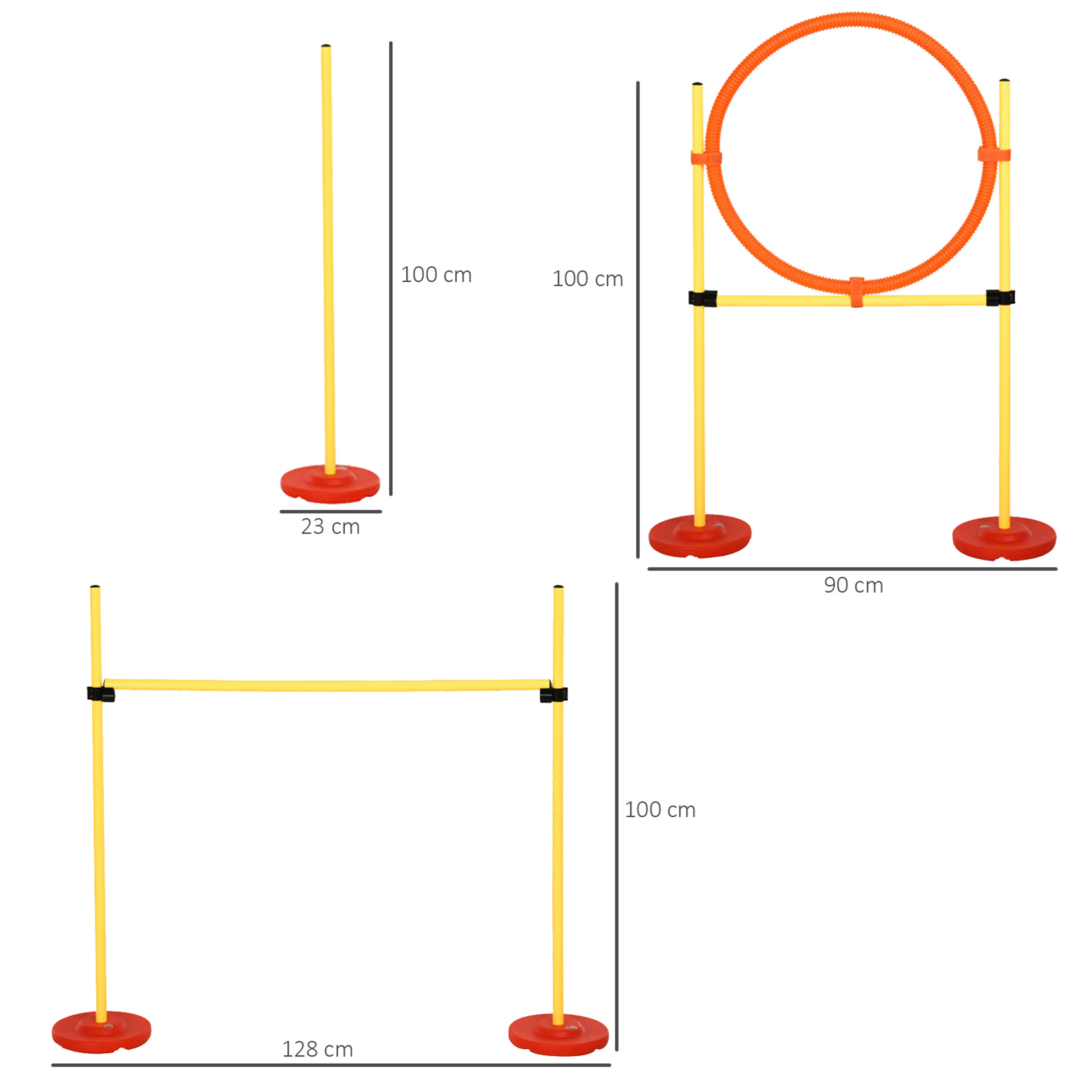 Måttbild: hindret är 128 cm brett och käpparna 100 cm höga med fötter på 23 cm