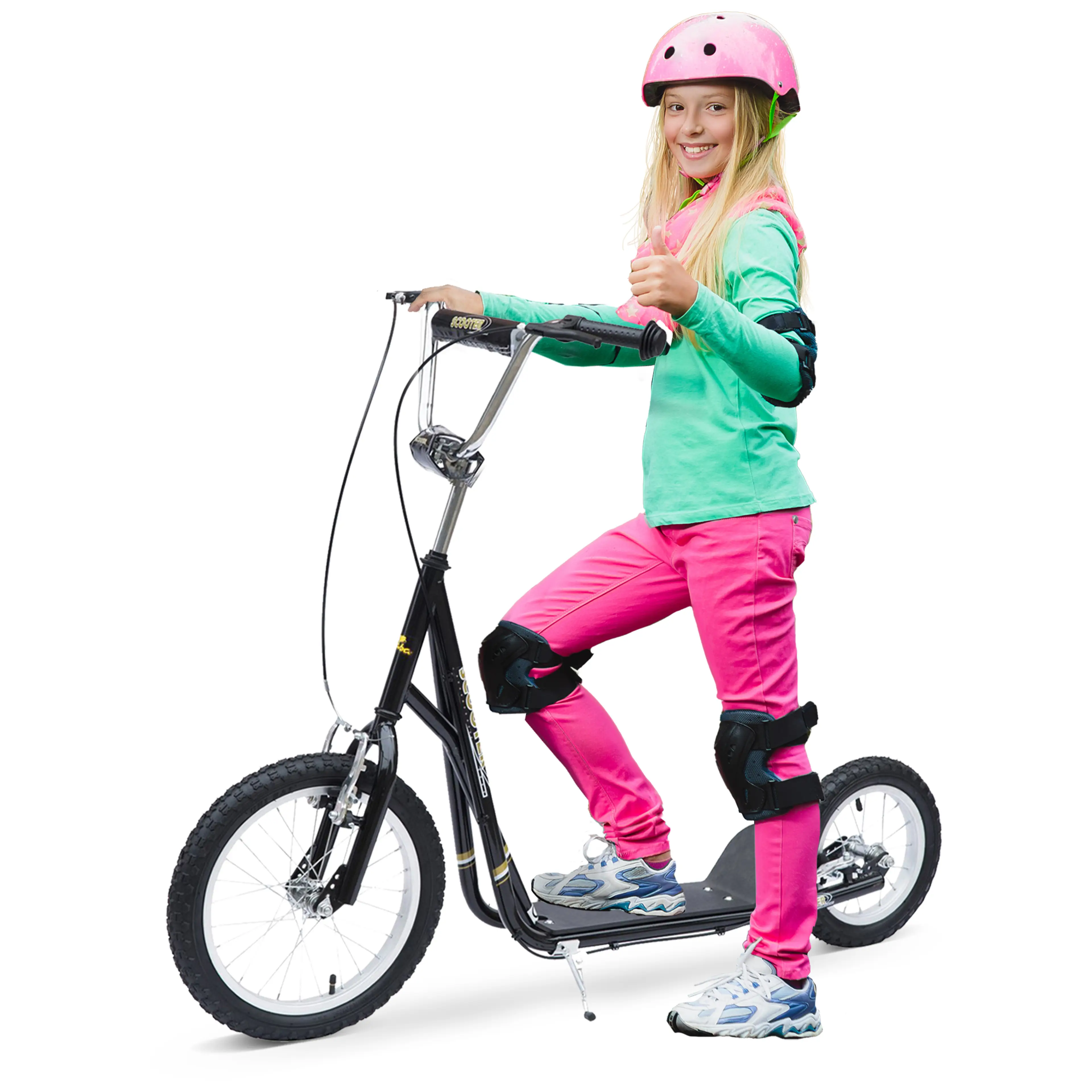 Svart sparkcykel för barn med 16-tumshjul, flicka med hjälm står på fotplattan