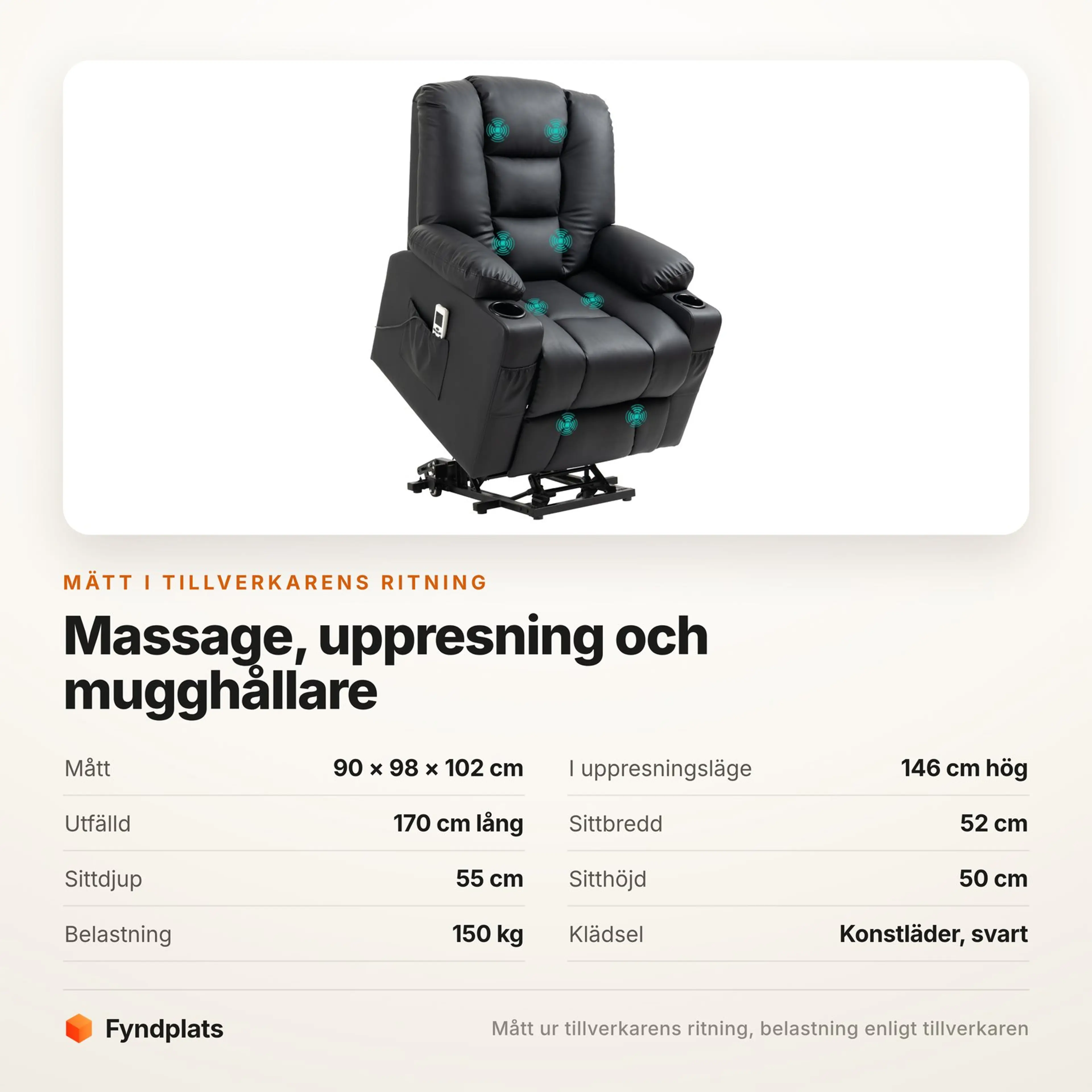 Fyndplats faktakort: mått, sitthöjd, utfälld längd och belastning