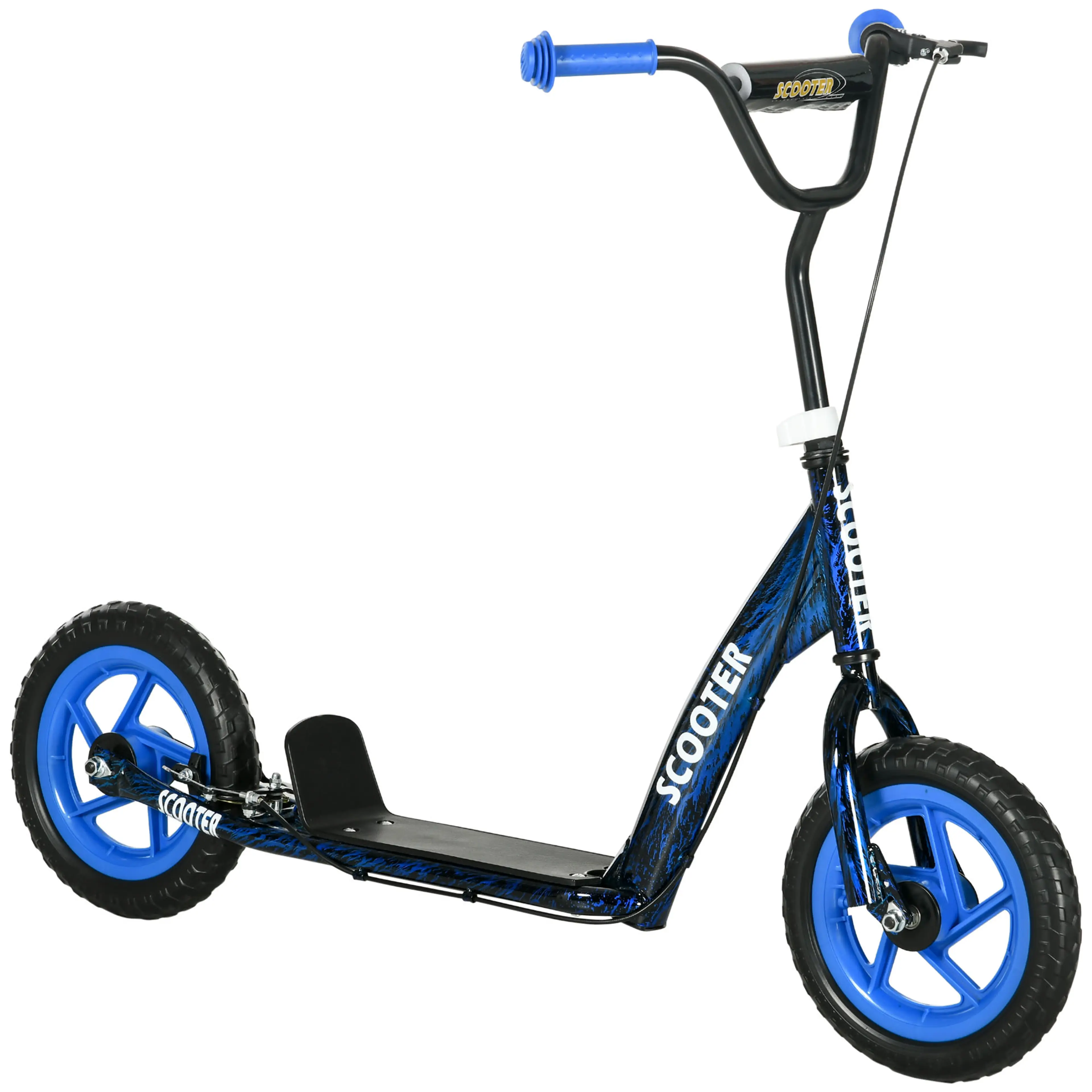 Mörkblå sparkcykel med blå maghjul och blå handtag