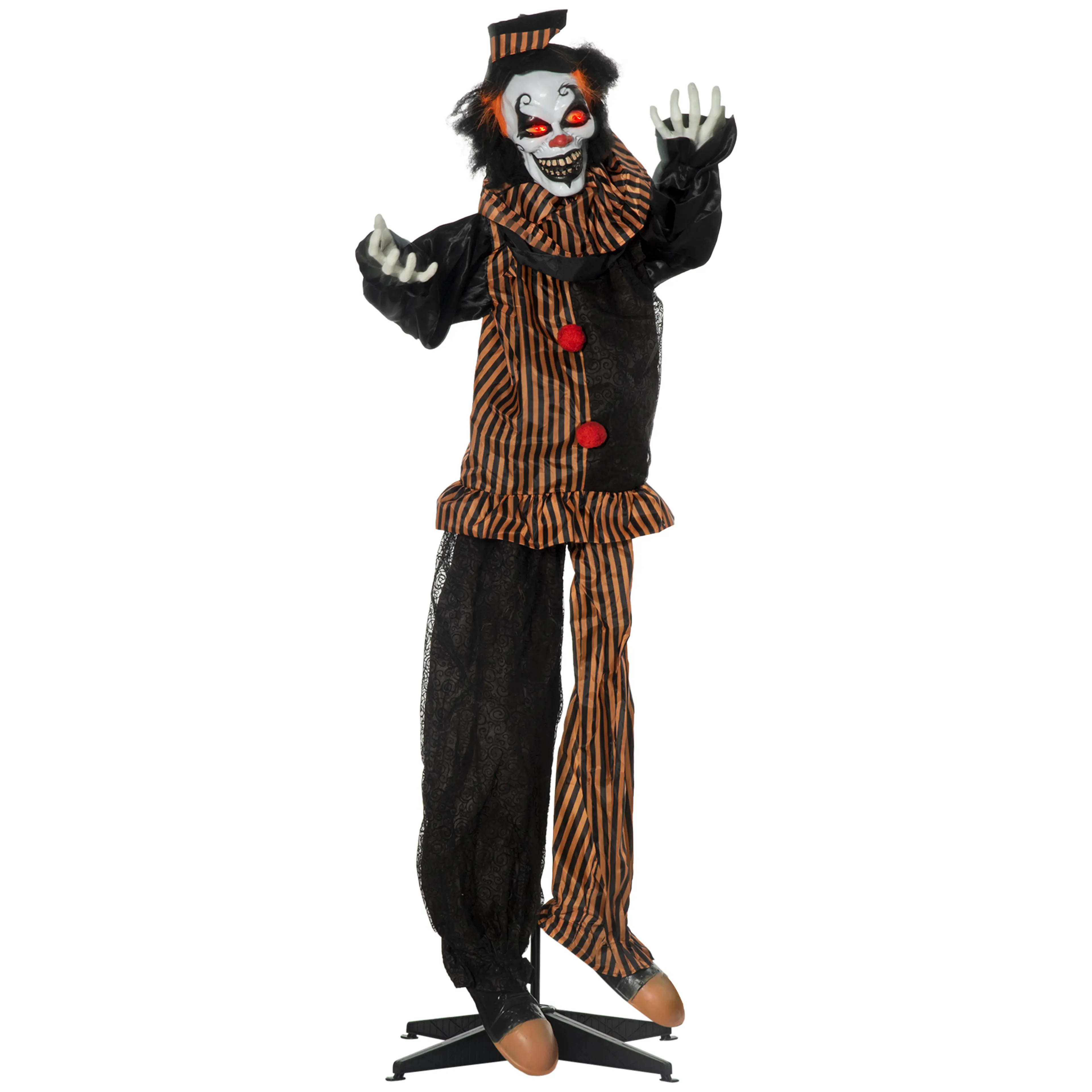 Clown till halloween i randig dräkt med röda ögon som lyser, på sin fot
