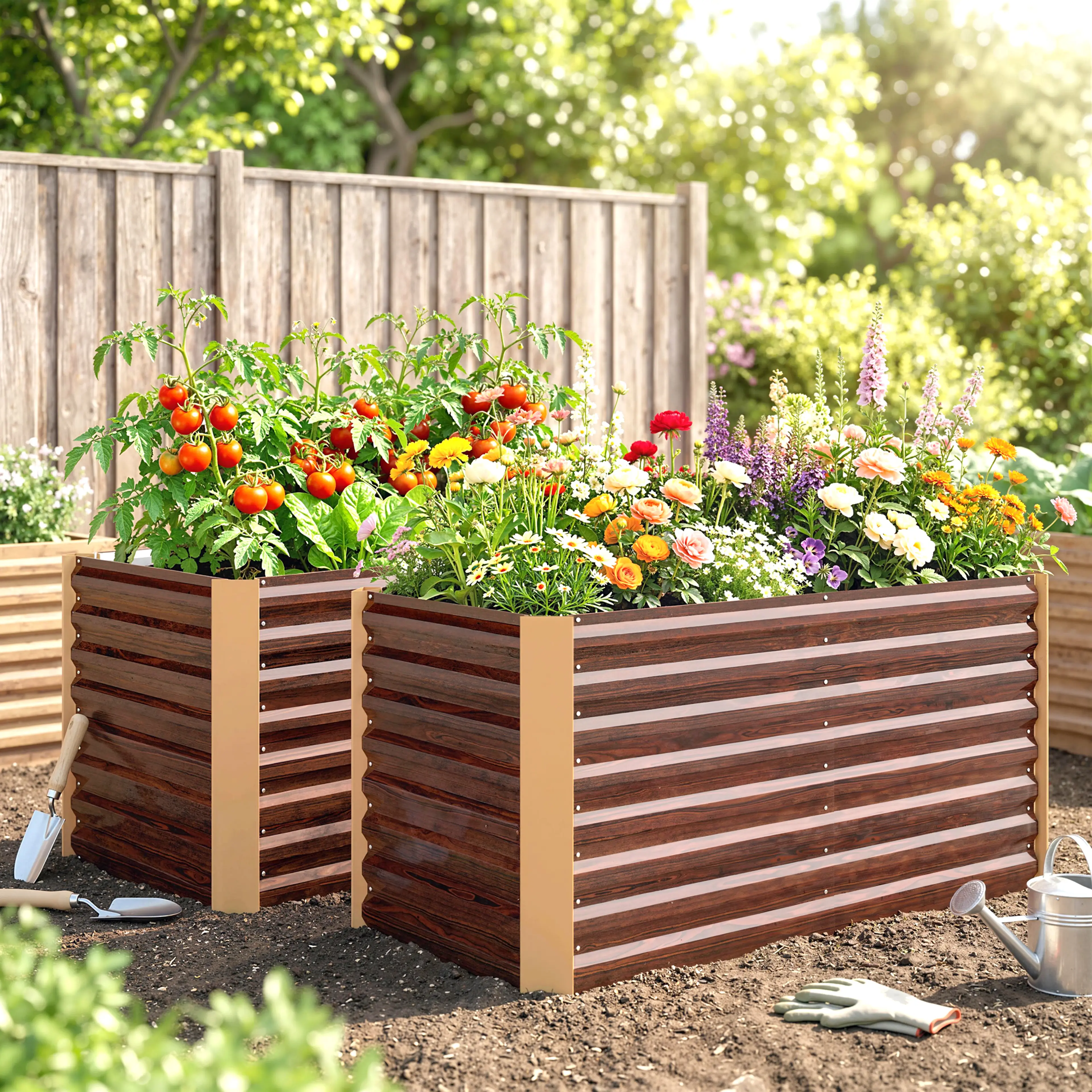 Odlingslådorna med tomatplantor och blommor framför ett plank