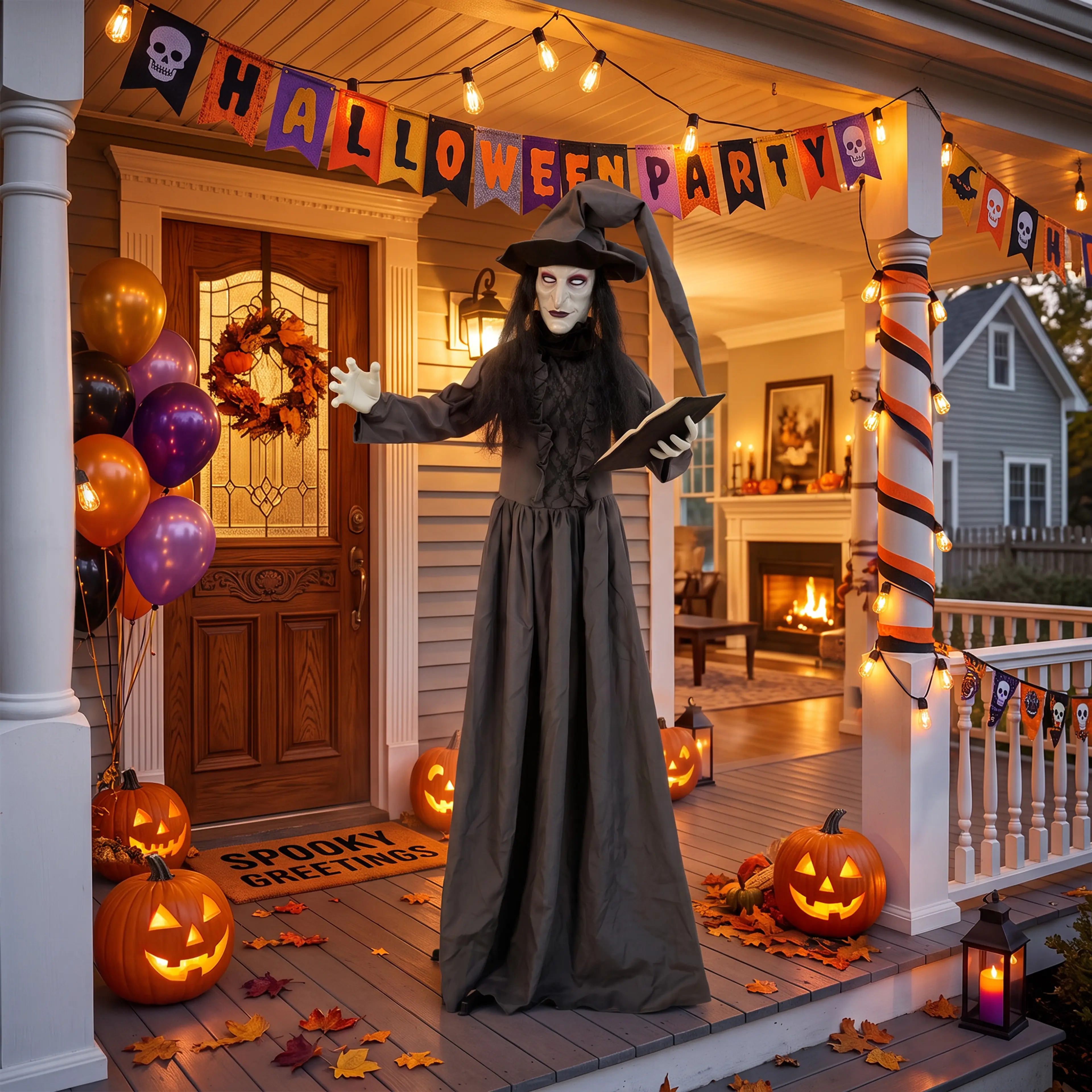 Häxan på en veranda dekorerad för halloween