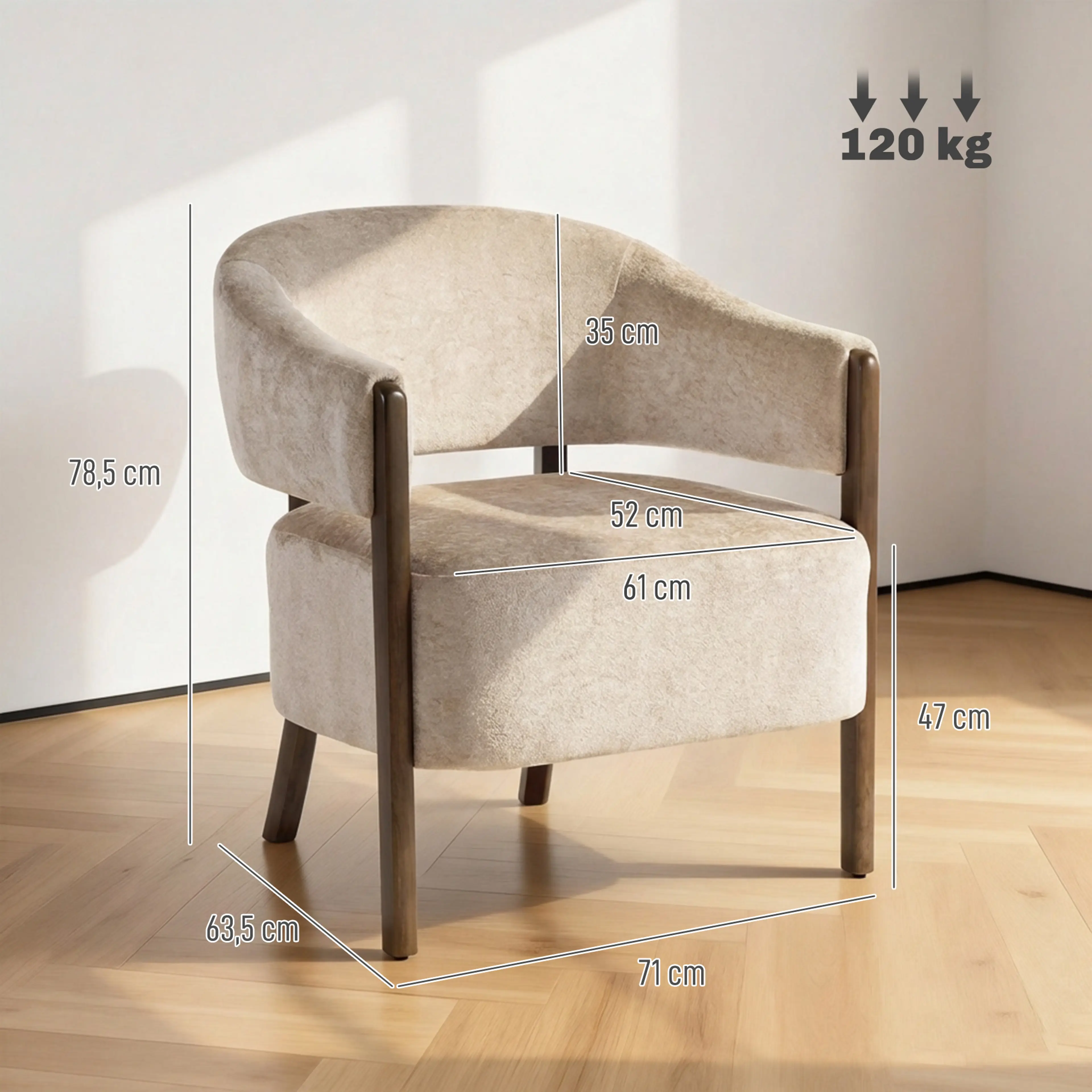 Måttritning: 71 cm bred, 63,5 cm djup, 78,5 cm hög och sitthöjd 47 cm