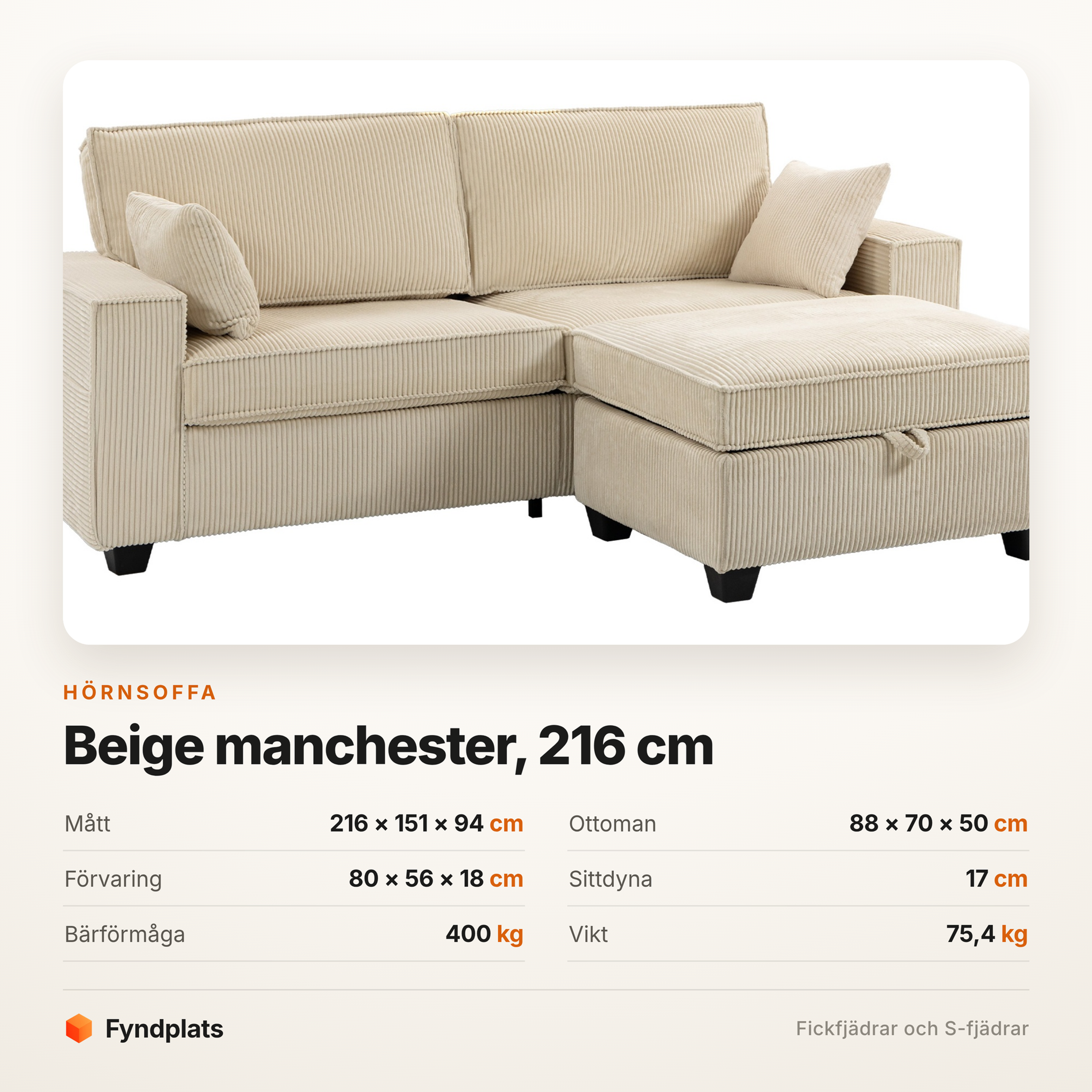 Hörnsoffa beige 216 cm med förvaring i ottomanen – manchester, bär 400 kg – bild 5