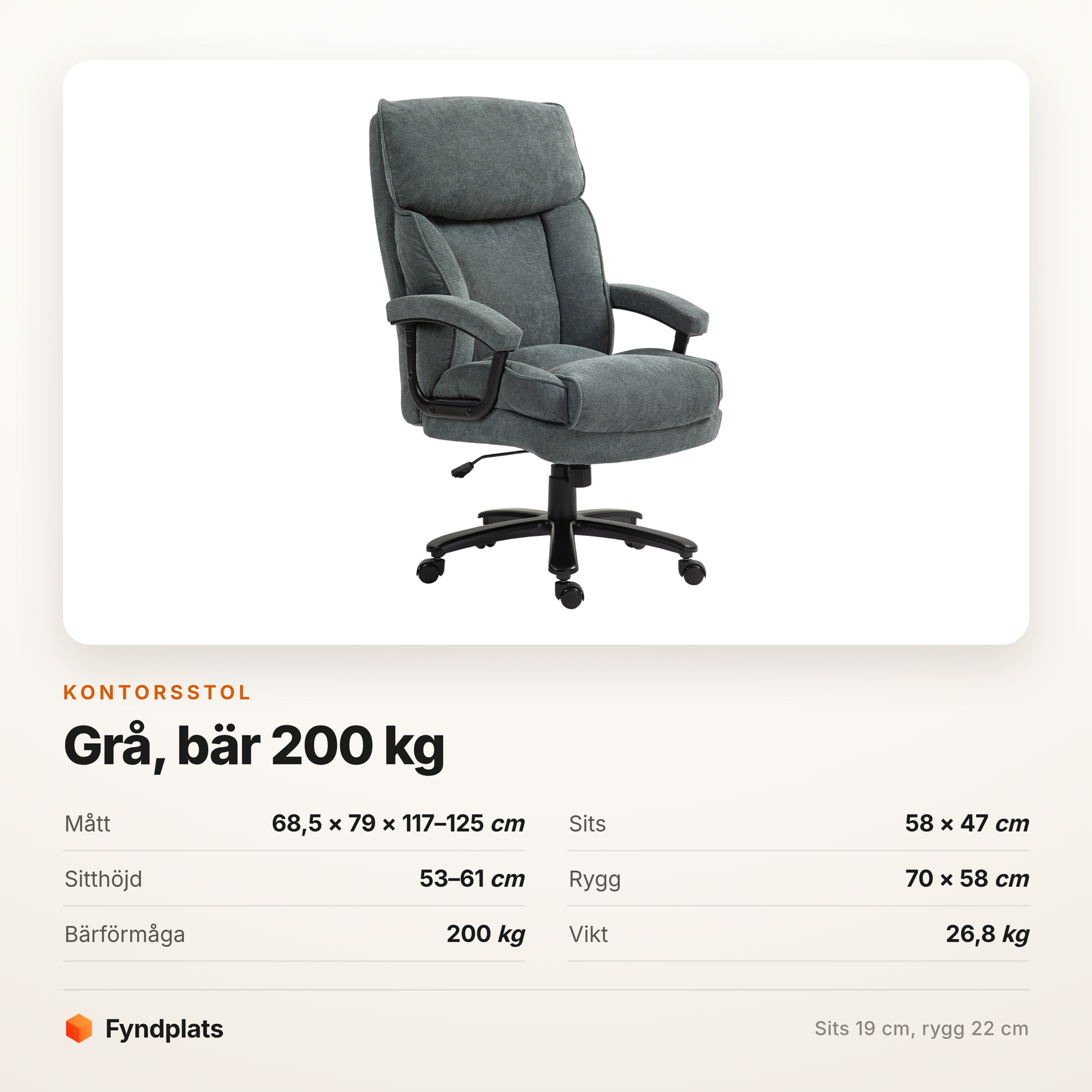 Kontorsstol grå som bär 200 kg – 19 cm sitsdyna och 22 cm ryggdyna – bild 5