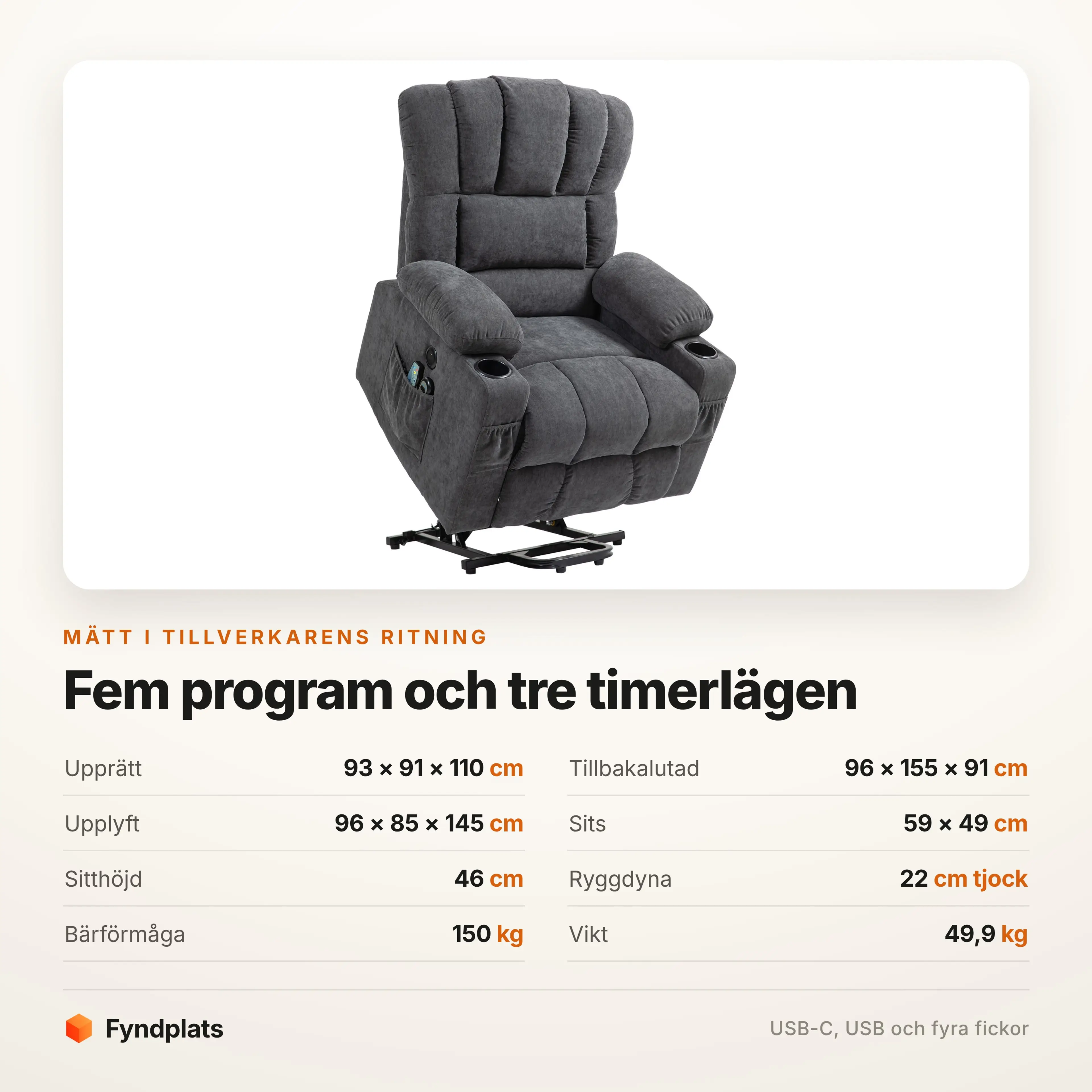 Specifikationer: 93 × 91 × 110 cm, fem program, bär 150 kg