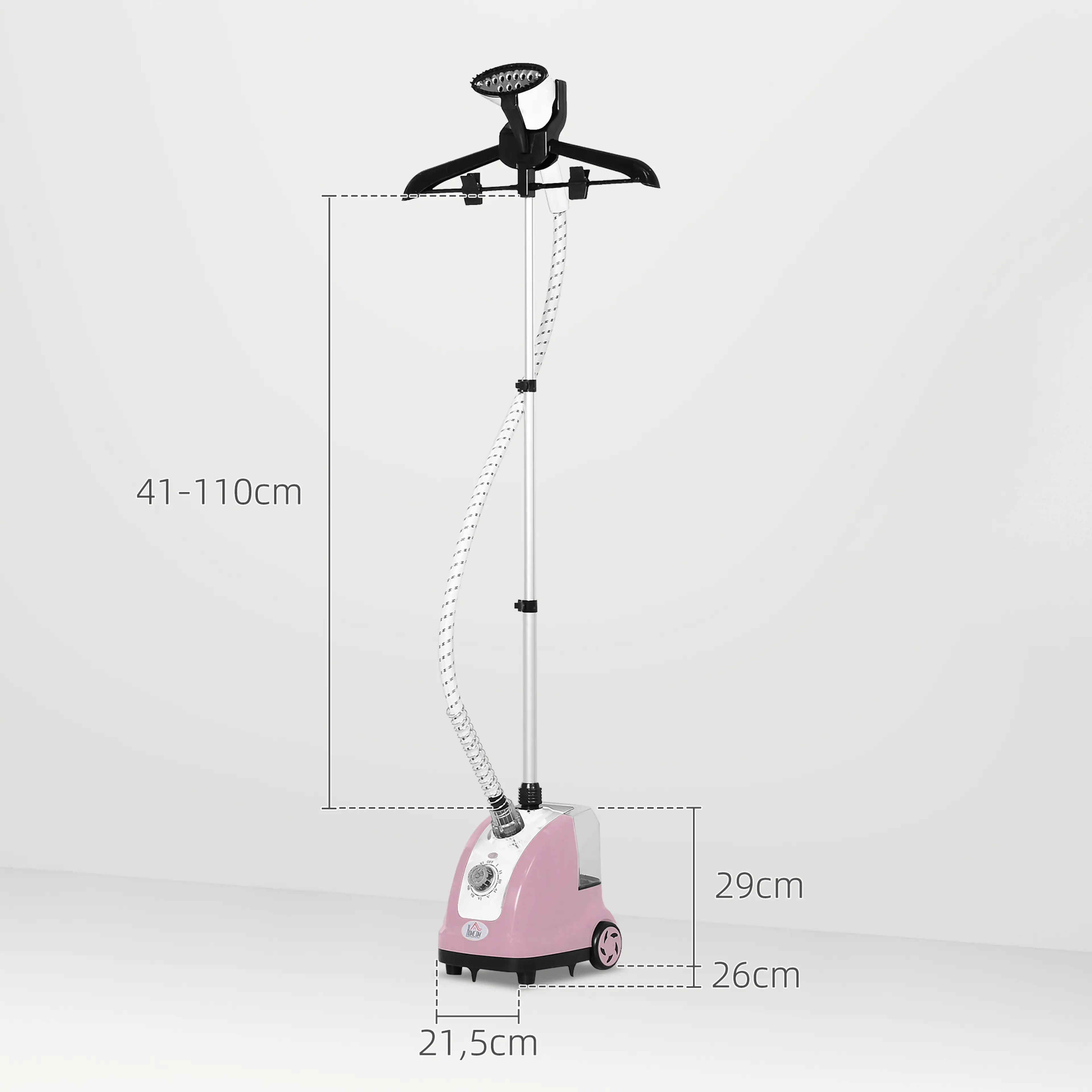 Måttskiss på klädångaren: basenhet 26 x 21,5 x 29 cm och teleskopstång 41–110 cm