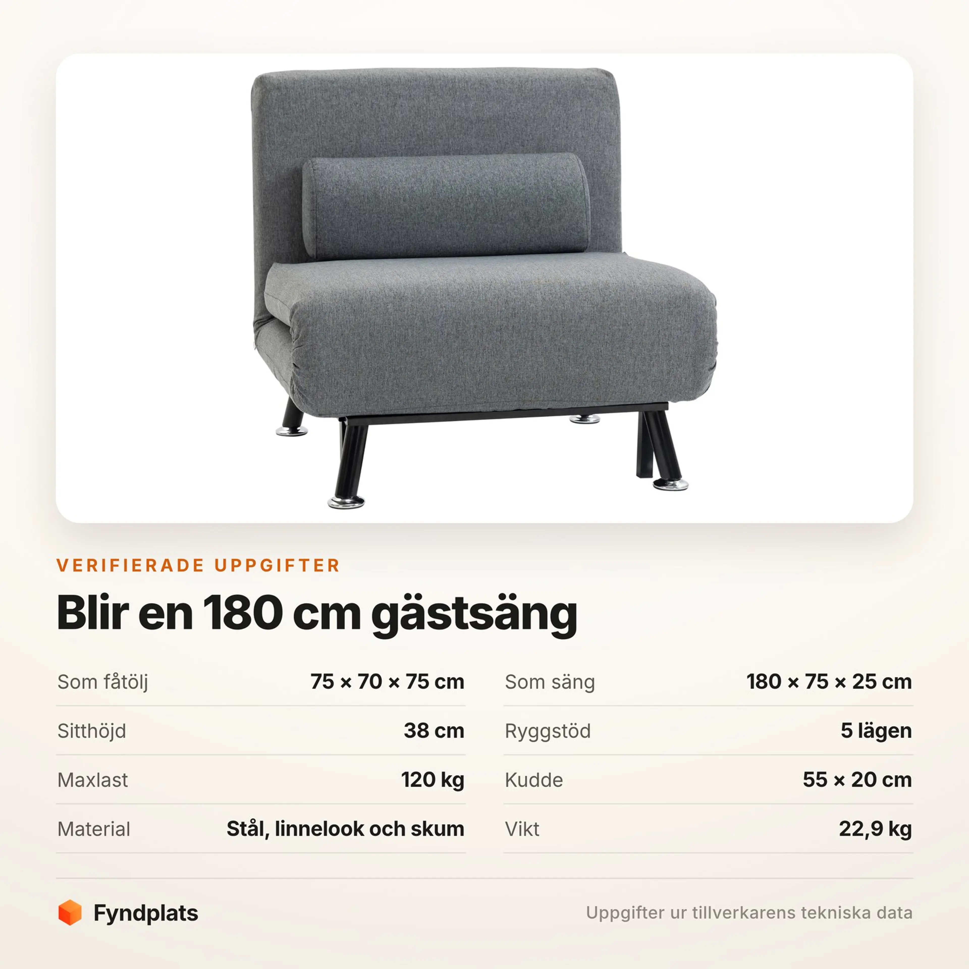 Specifikationer för bäddfåtöljen: 75 × 70 × 75 cm som fåtölj, 180 × 75 cm som bädd, maxlast 120 kg