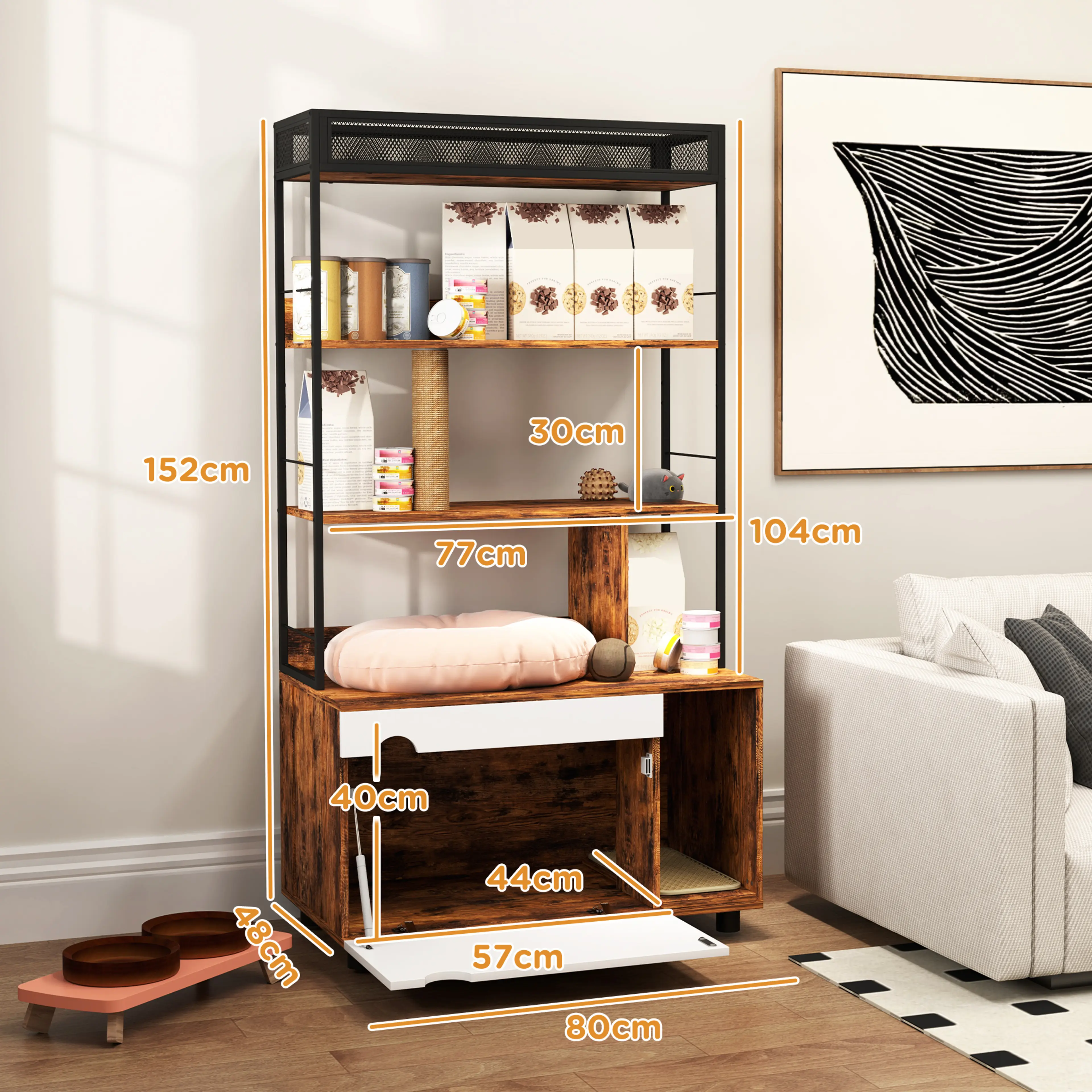 Måttskiss på kattlådsskåpet med 152 cm total höjd, hyllsektion 104 cm och innermått 57 × 44 cm