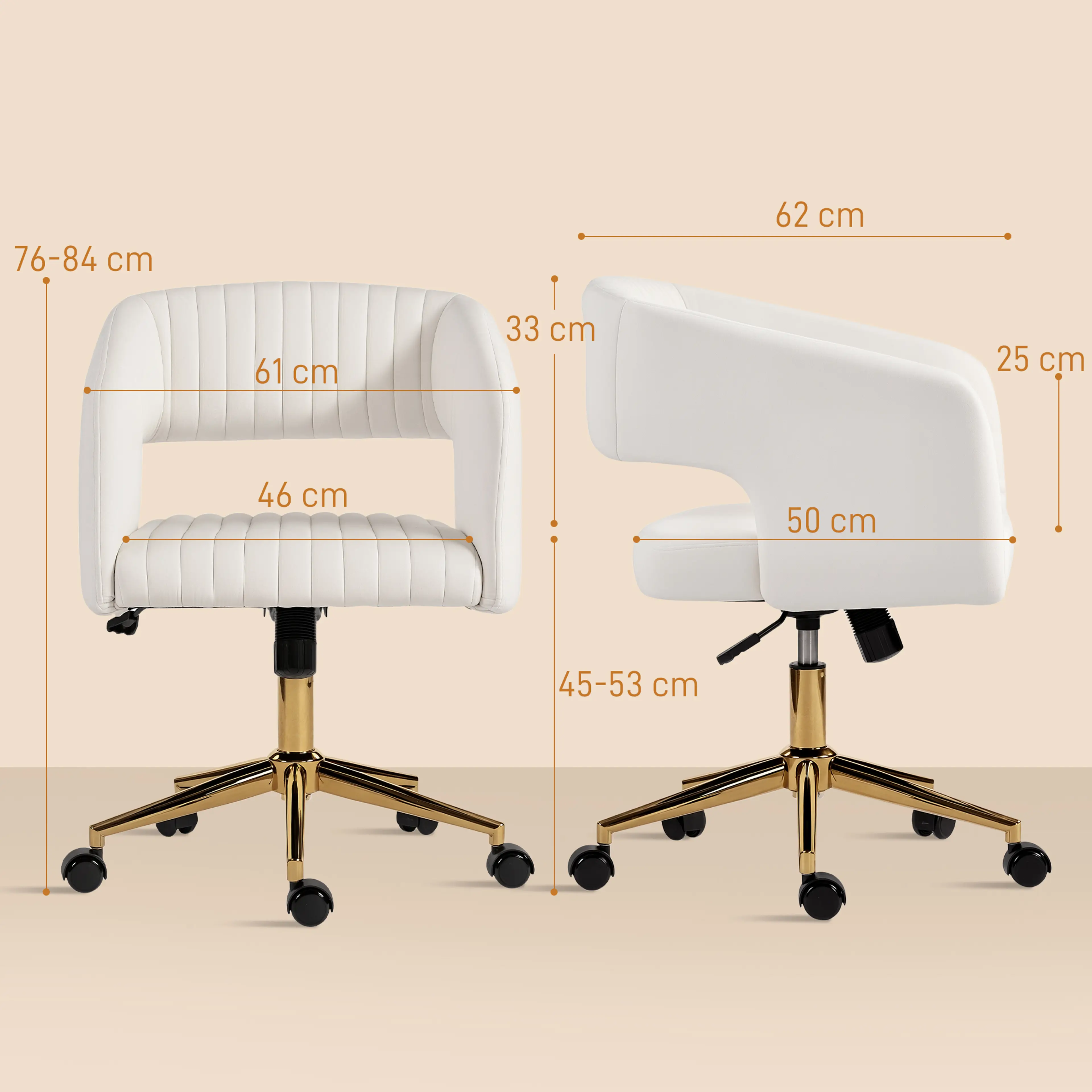 Måttbild: 61 × 62 cm, höjd 76–84 cm, sits 46 × 50 cm och sitthöjd 45–53 cm