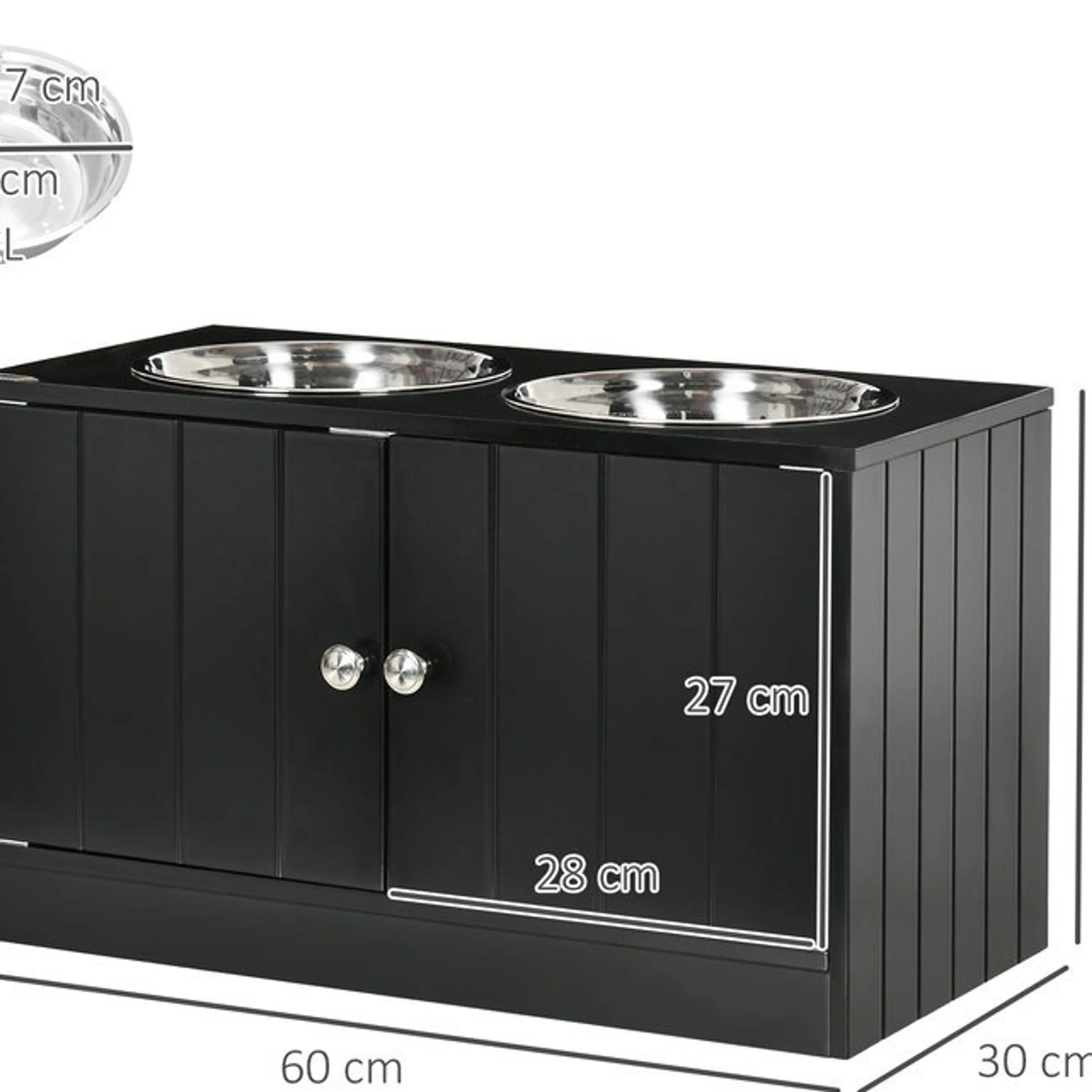 Måttritning: 60 cm brett, 30 cm djupt och 35,5 cm högt, lucka 28 × 27 cm, skål Ø 24 × 7 cm
