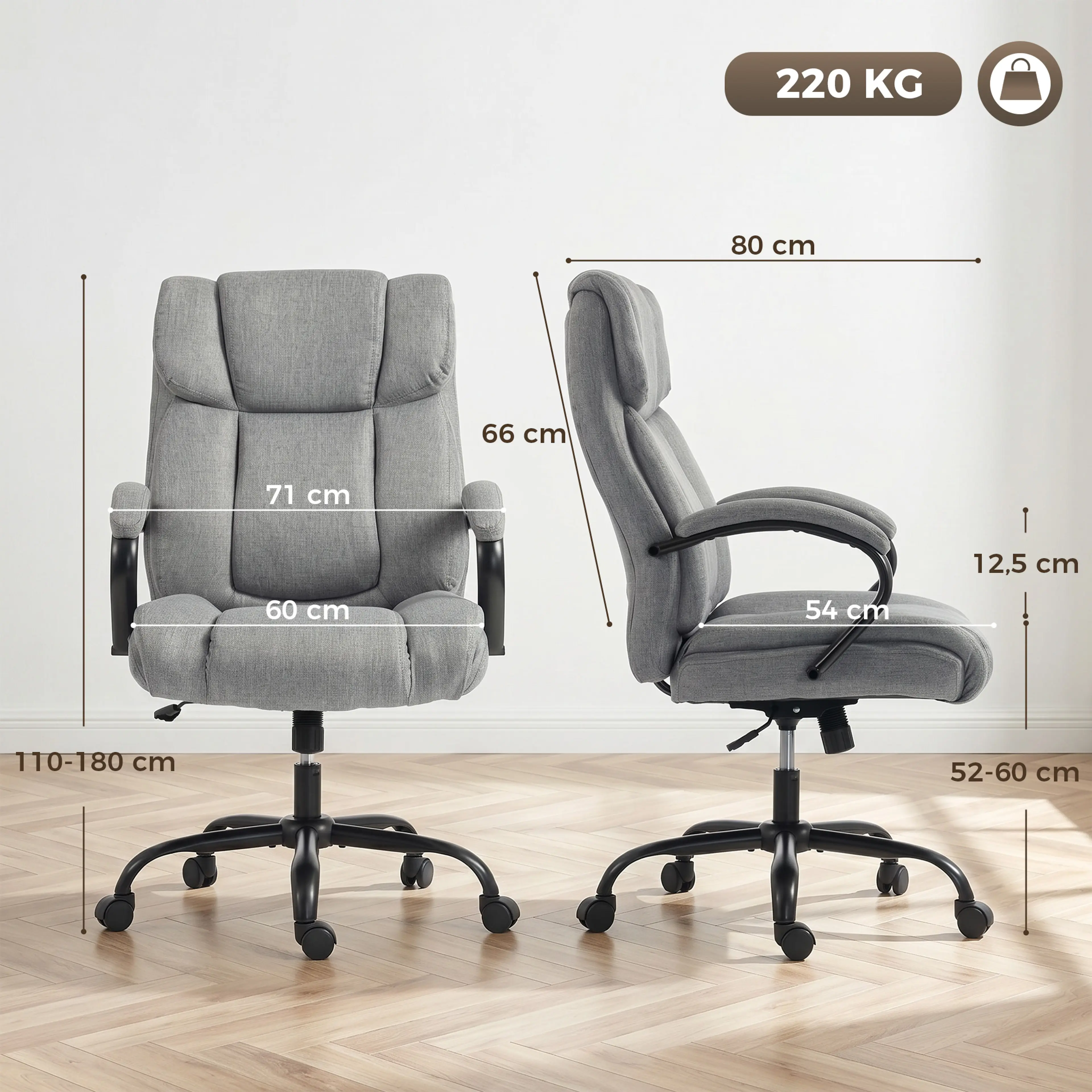 Kontorsstol som bär 220 kg – 62 cm bred sits, tyg i linnelook – bild 4