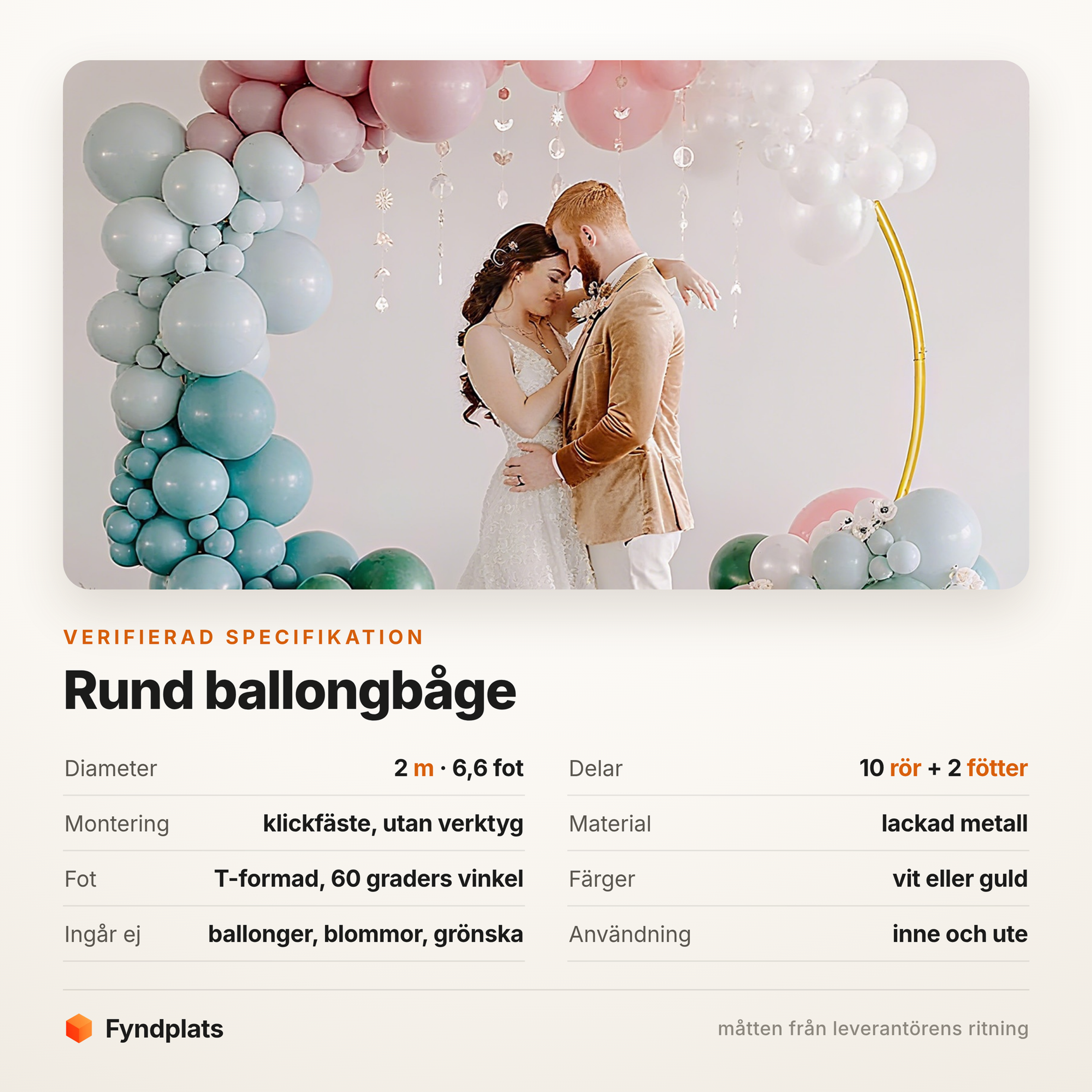 Specifikation: 2 m diameter, 10 rör, klickfäste utan verktyg, vit eller guld