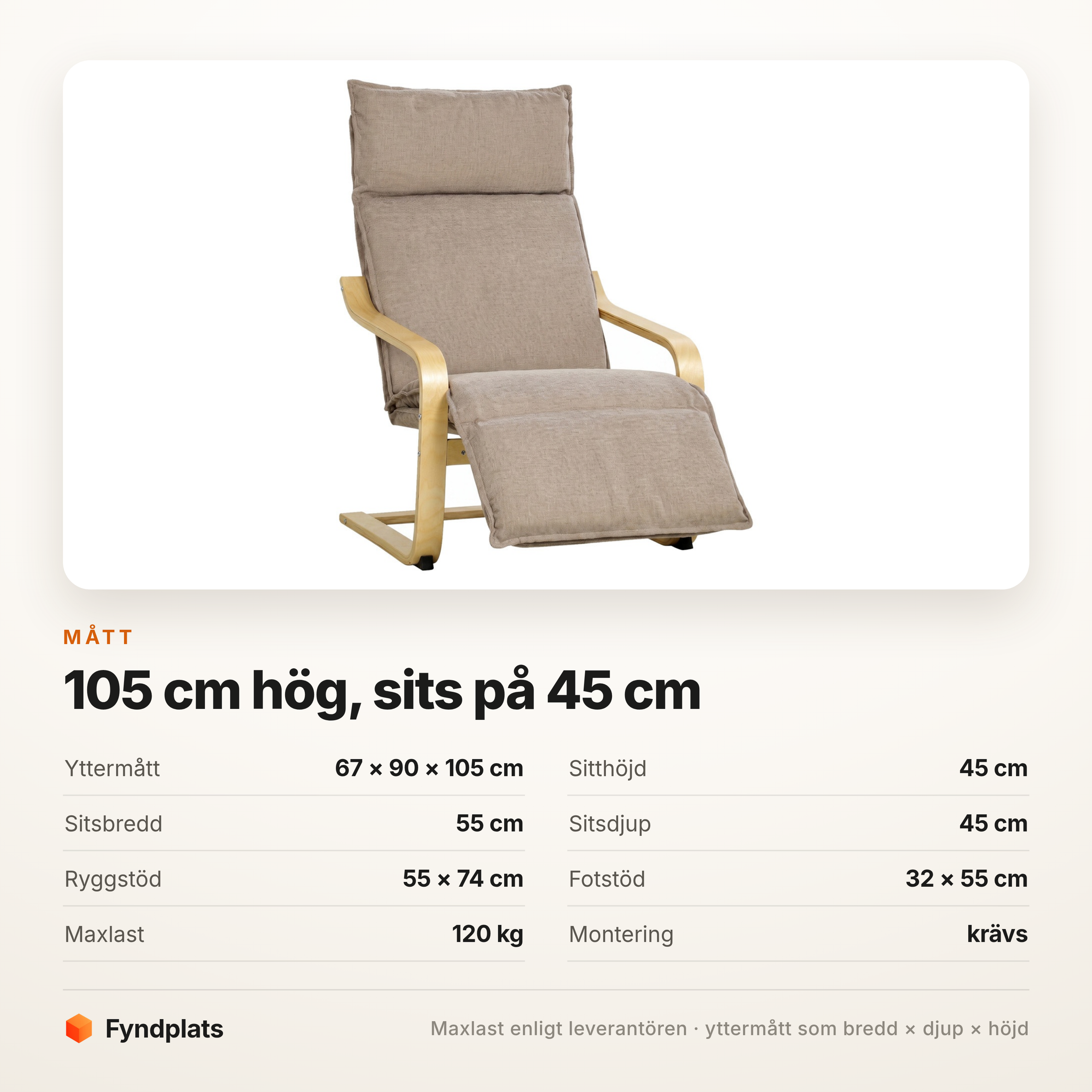 Specifikationskort för vilfåtölj med yttermått, sitthöjd och maxlast