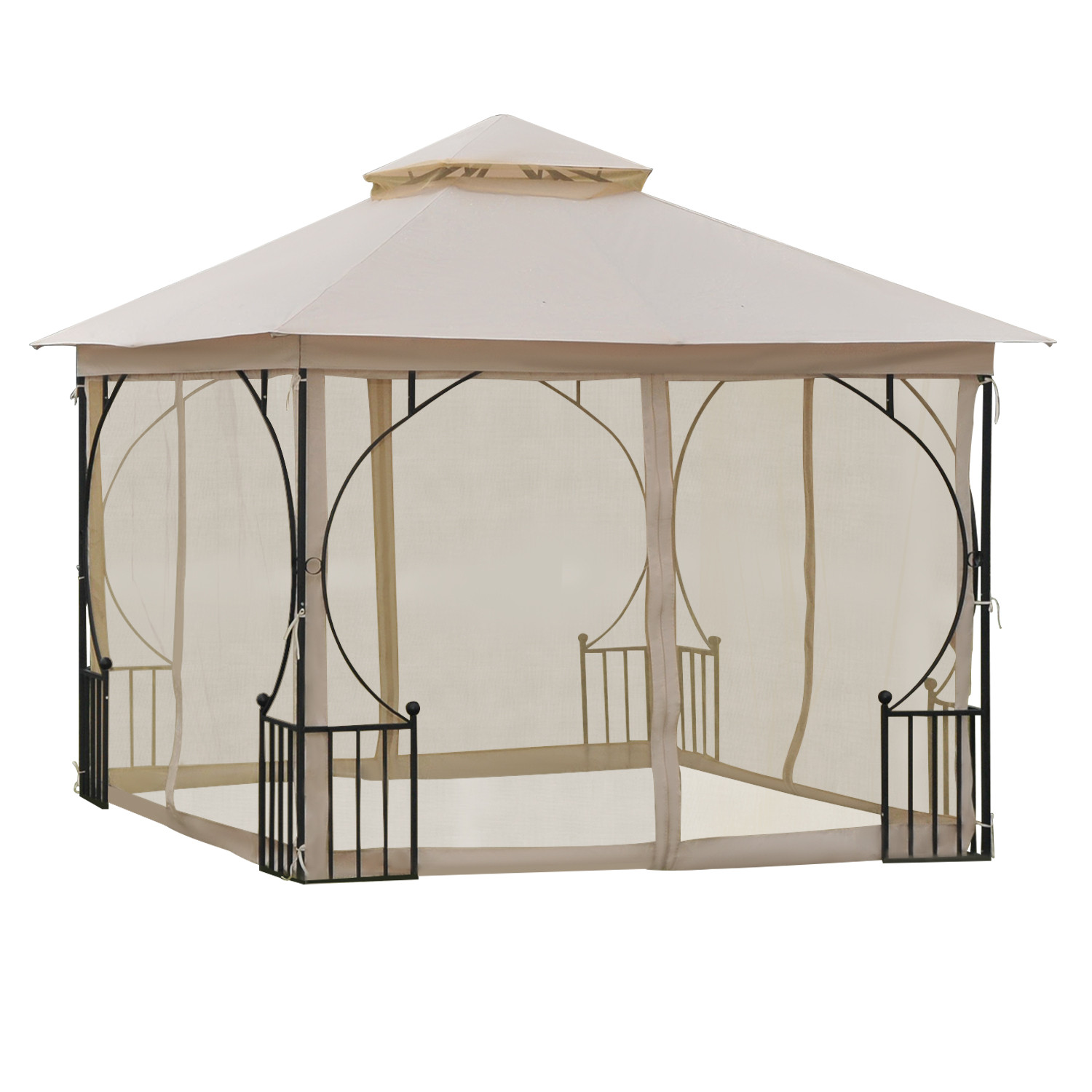 Beige paviljong med dubbeltak och väggar av myggnät med dragkedja och svarta hörnräcken, mot vit bakgrund