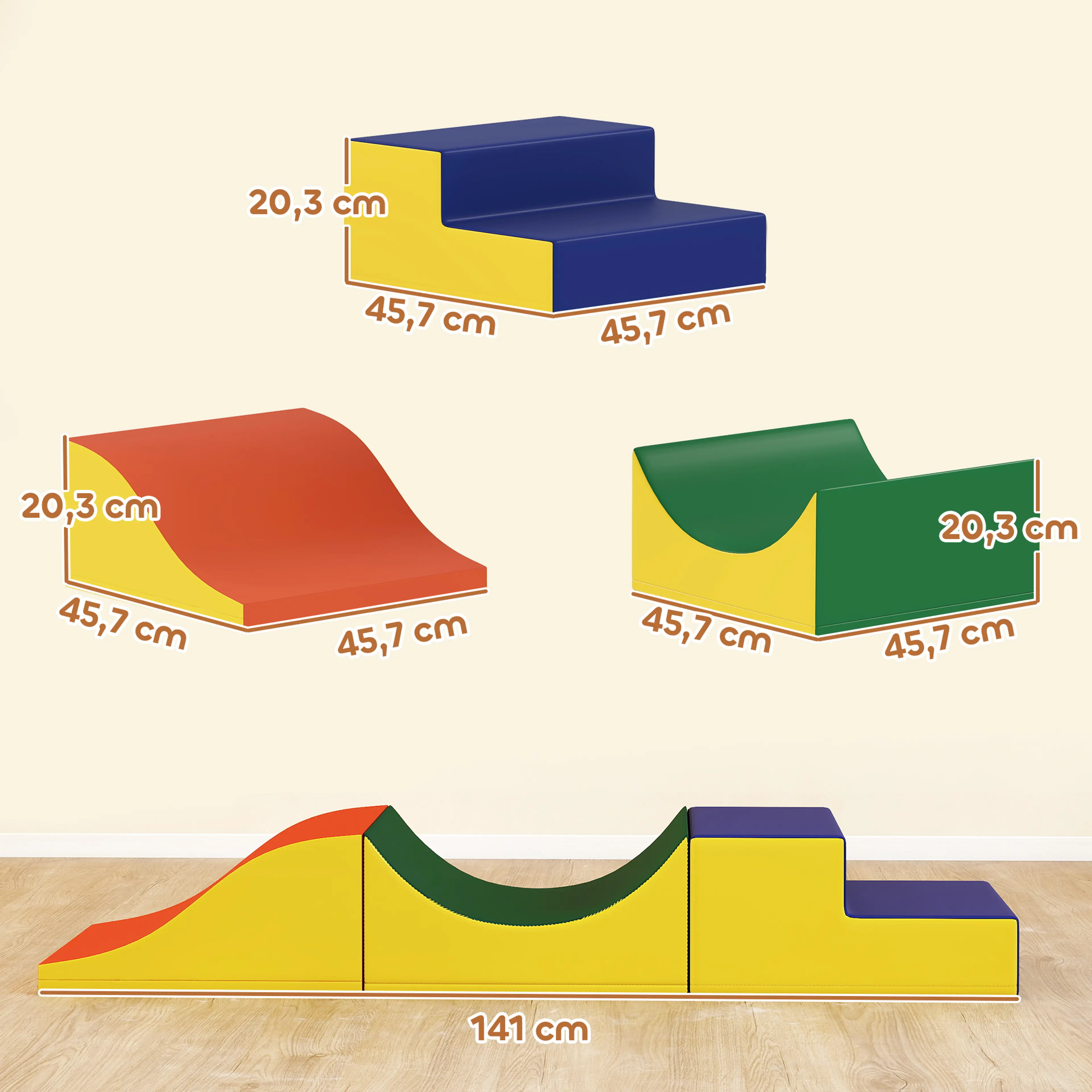 Måttbild: varje del är 45,7 × 45,7 × 20,3 cm och banan 141 cm lång
