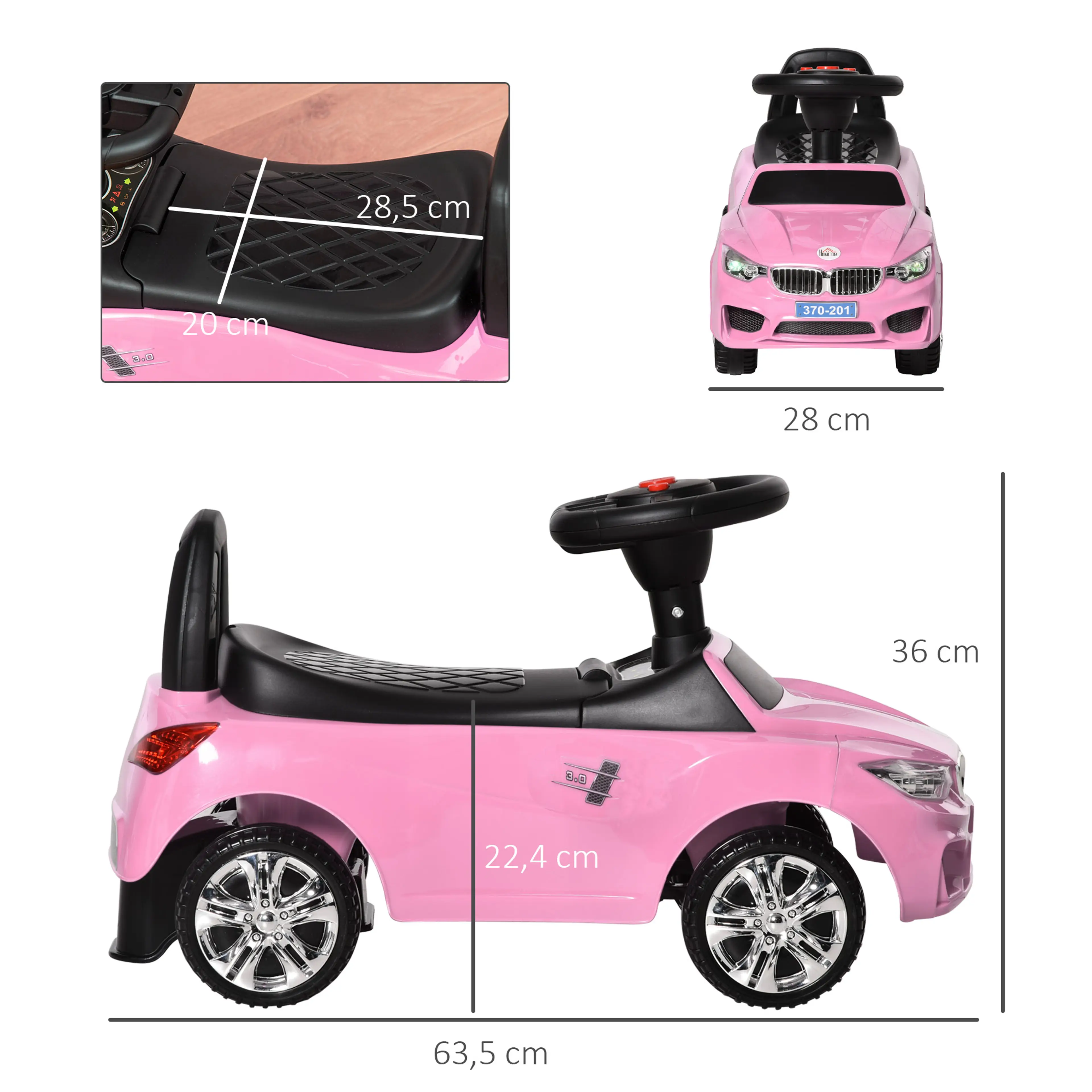 Måttskiss på åkbilen: 63,5 cm lång, 28 cm bred, 36 cm hög, sits 28,5 × 20 cm och sitthöjd 22,4 cm