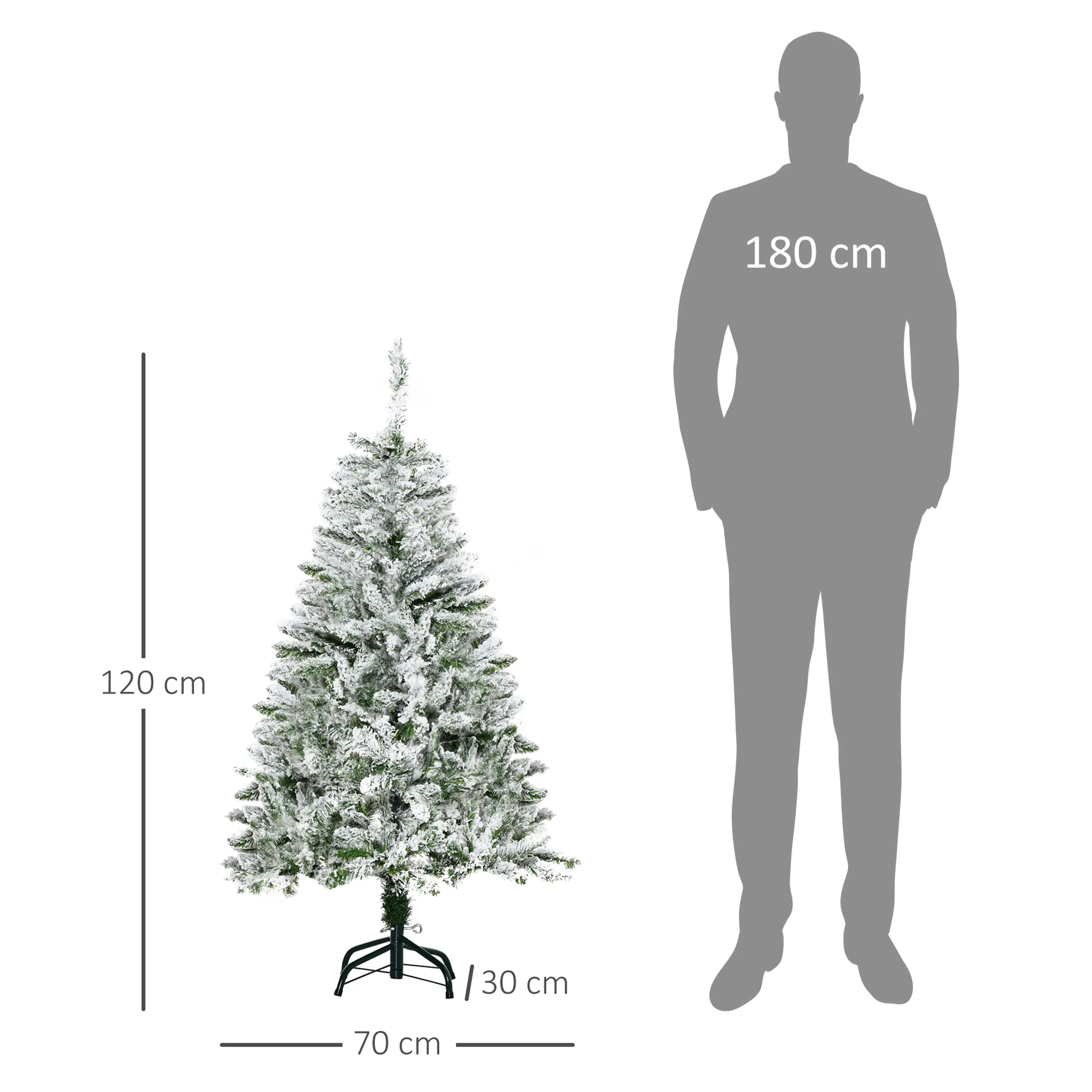 Måttritning: granen är 120 cm hög, 70 cm i diameter och foten 30 cm