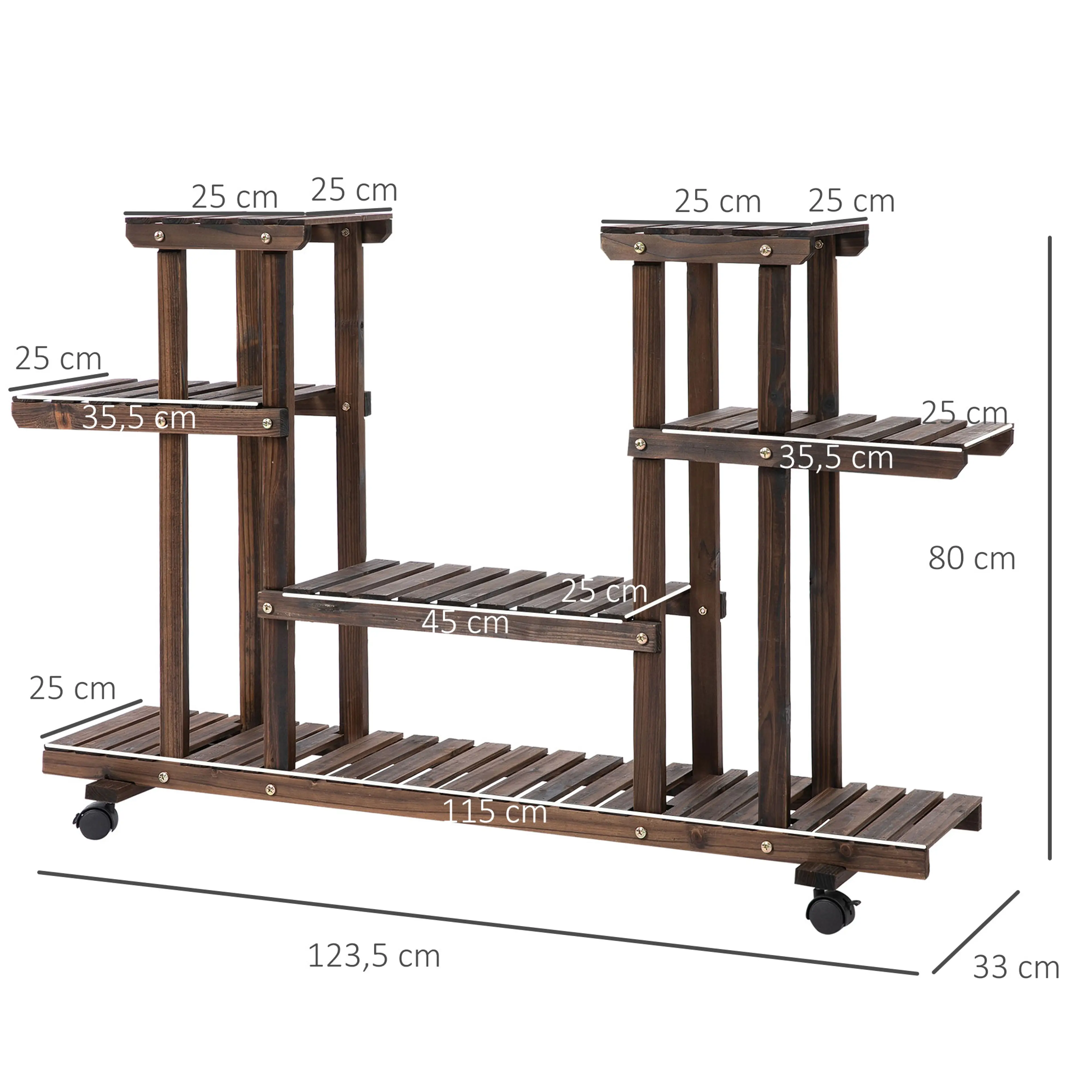 Måttbild: trappan är 123,5 cm lång, 33 cm djup och 80 cm hög, med bottenhylla på 115 × 25 cm