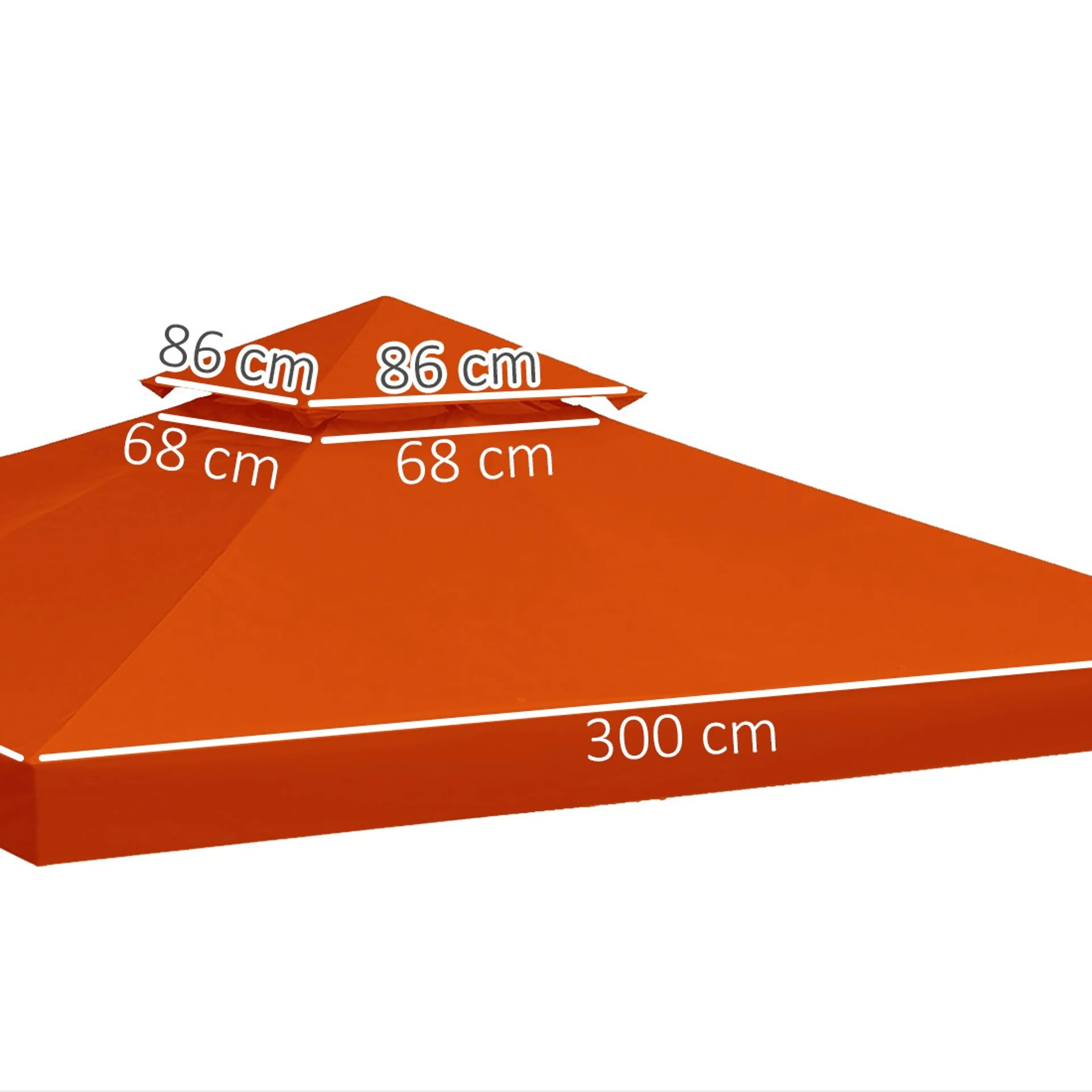 Måttritning över den roströda duken: 300 × 300 cm, litet tak 86 × 86 cm och öppning 68 × 68 cm