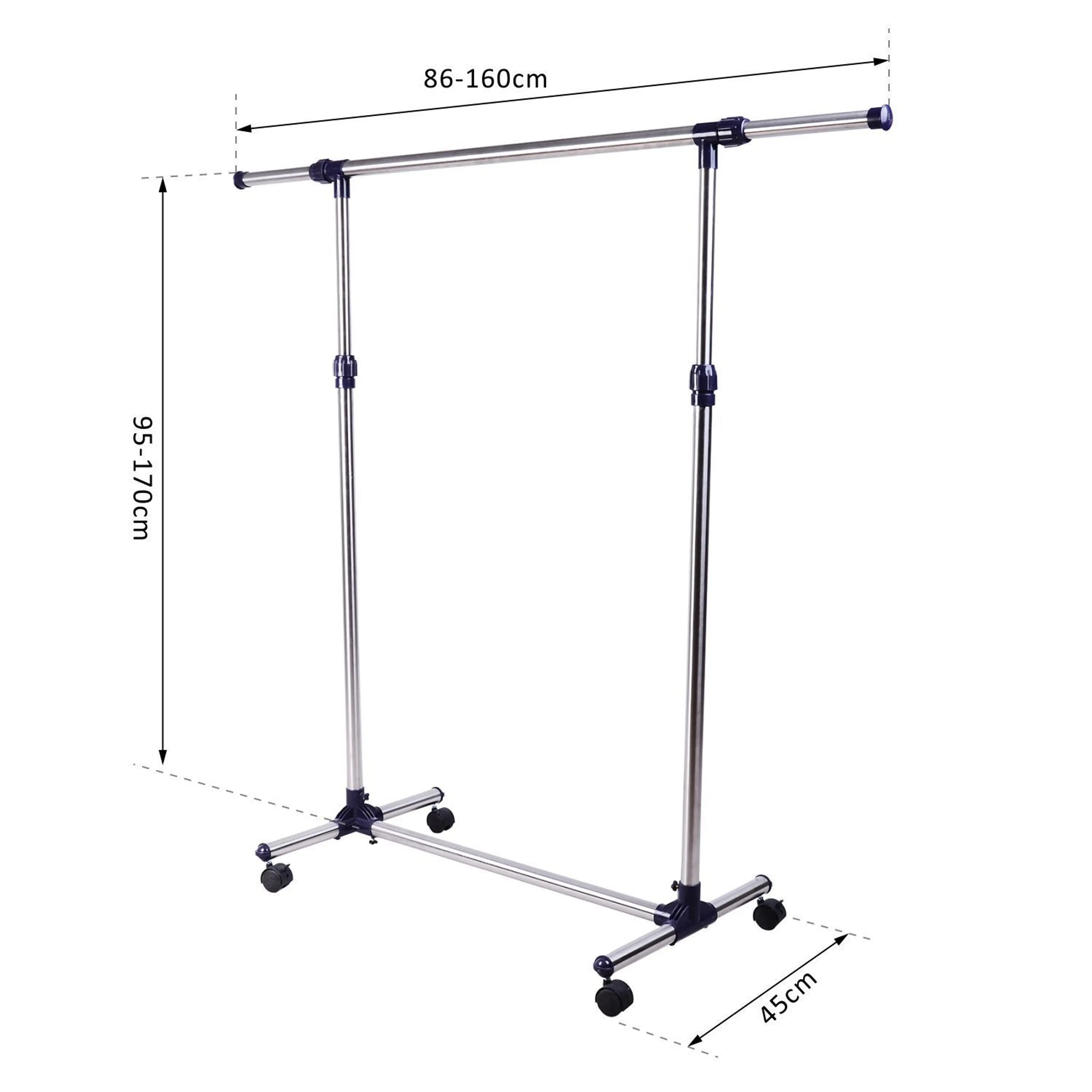 Måttbild som visar klädställningen 86–160 cm bred, 45 cm djup och 95–170 cm hög