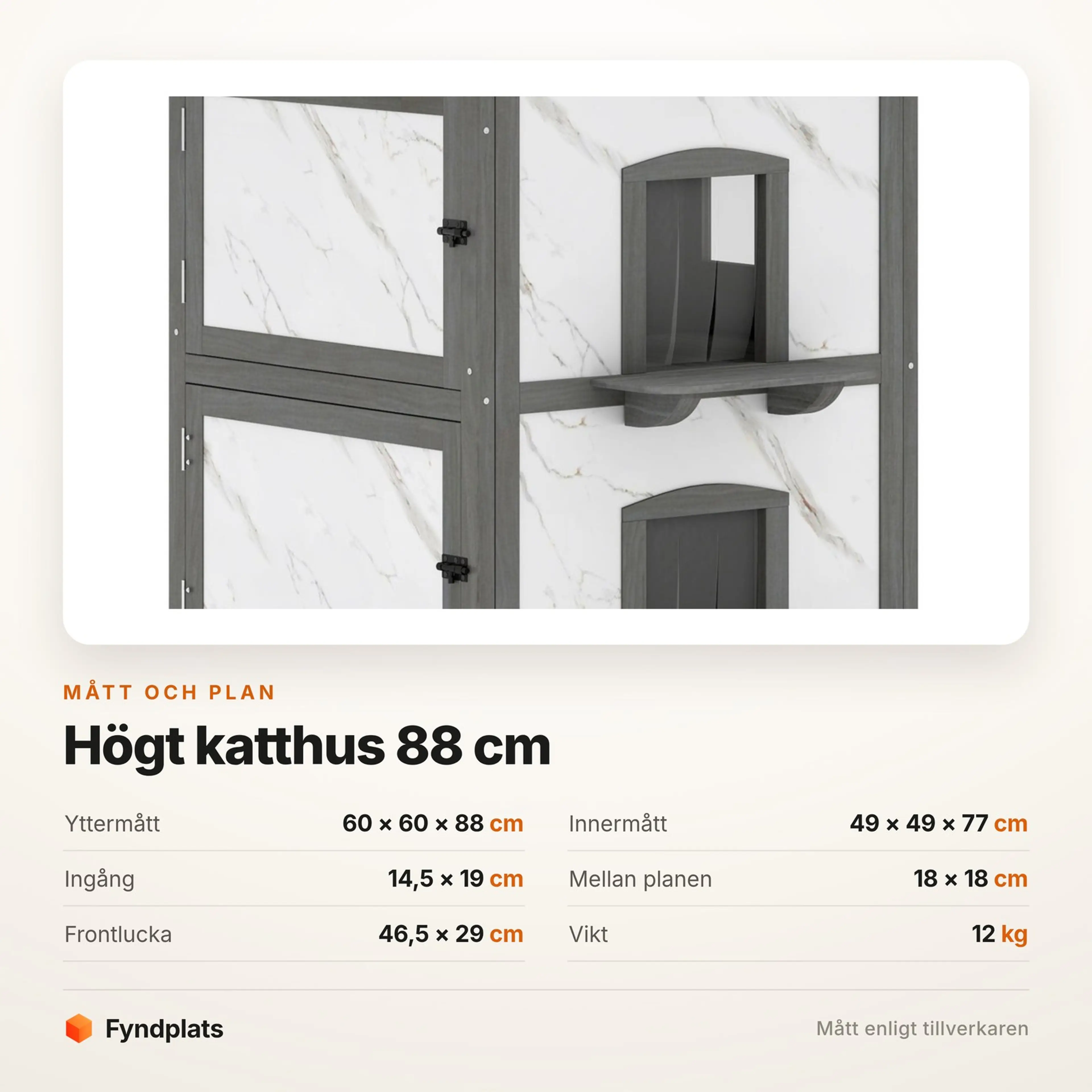 Specifikationskort: högt katthus 60 × 60 × 88 cm med frontlucka 46,5 × 29 cm, vikt 12 kg