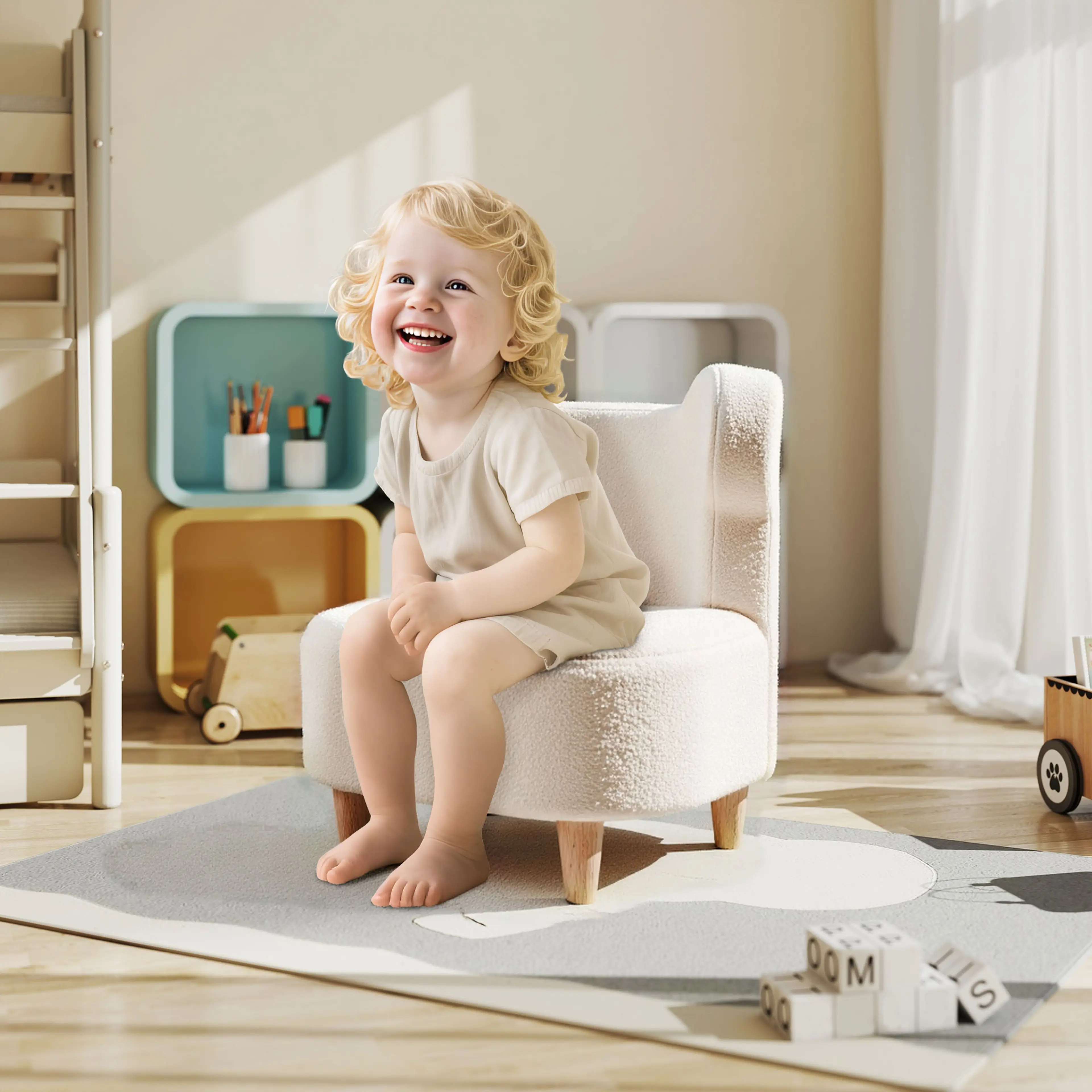 Litet barn sitter och skrattar i den beige barnfåtöljen i ett barnrum