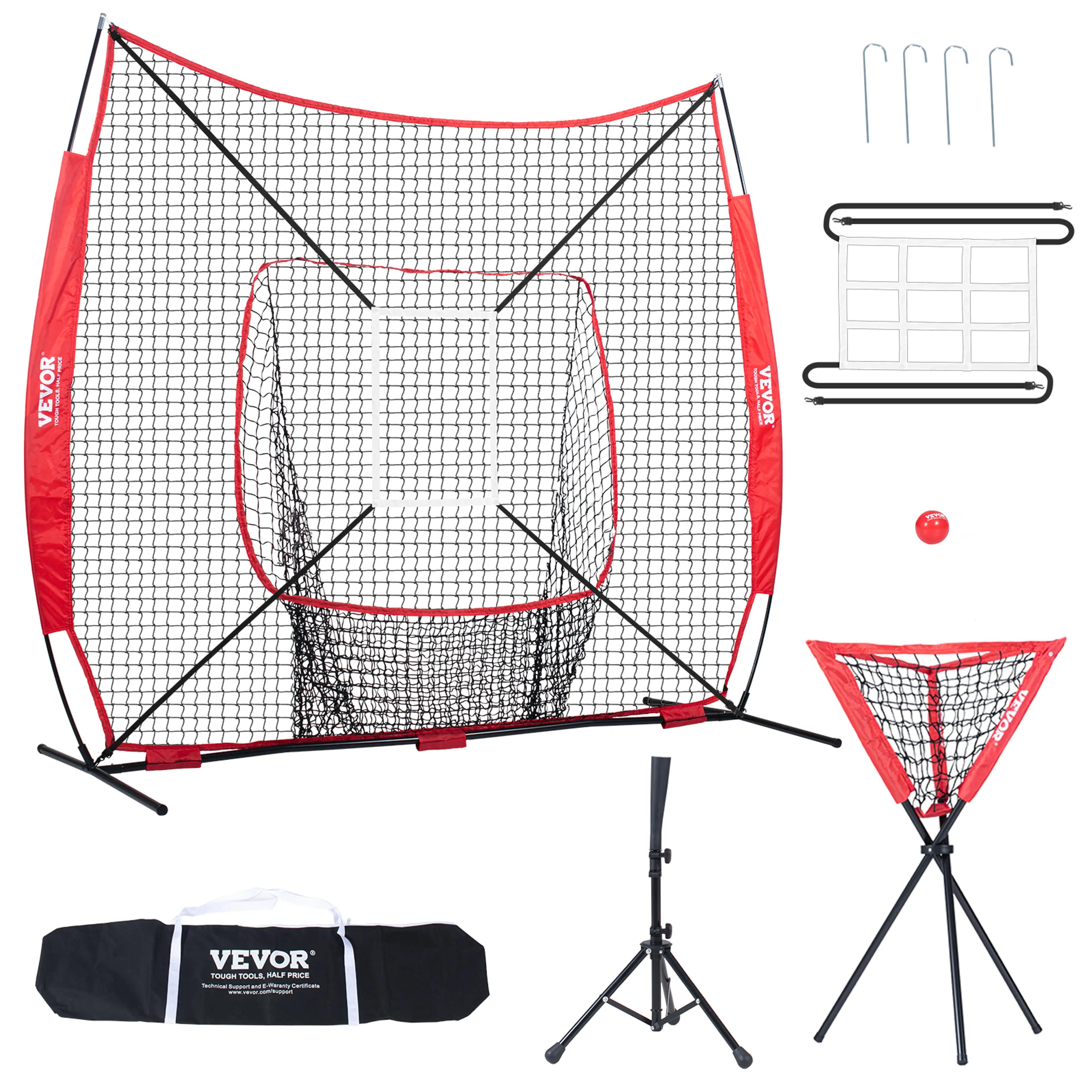 Baseball träningsnät 2,1 × 2,1 m – hopfällbart slagnät med tee, mål och boll