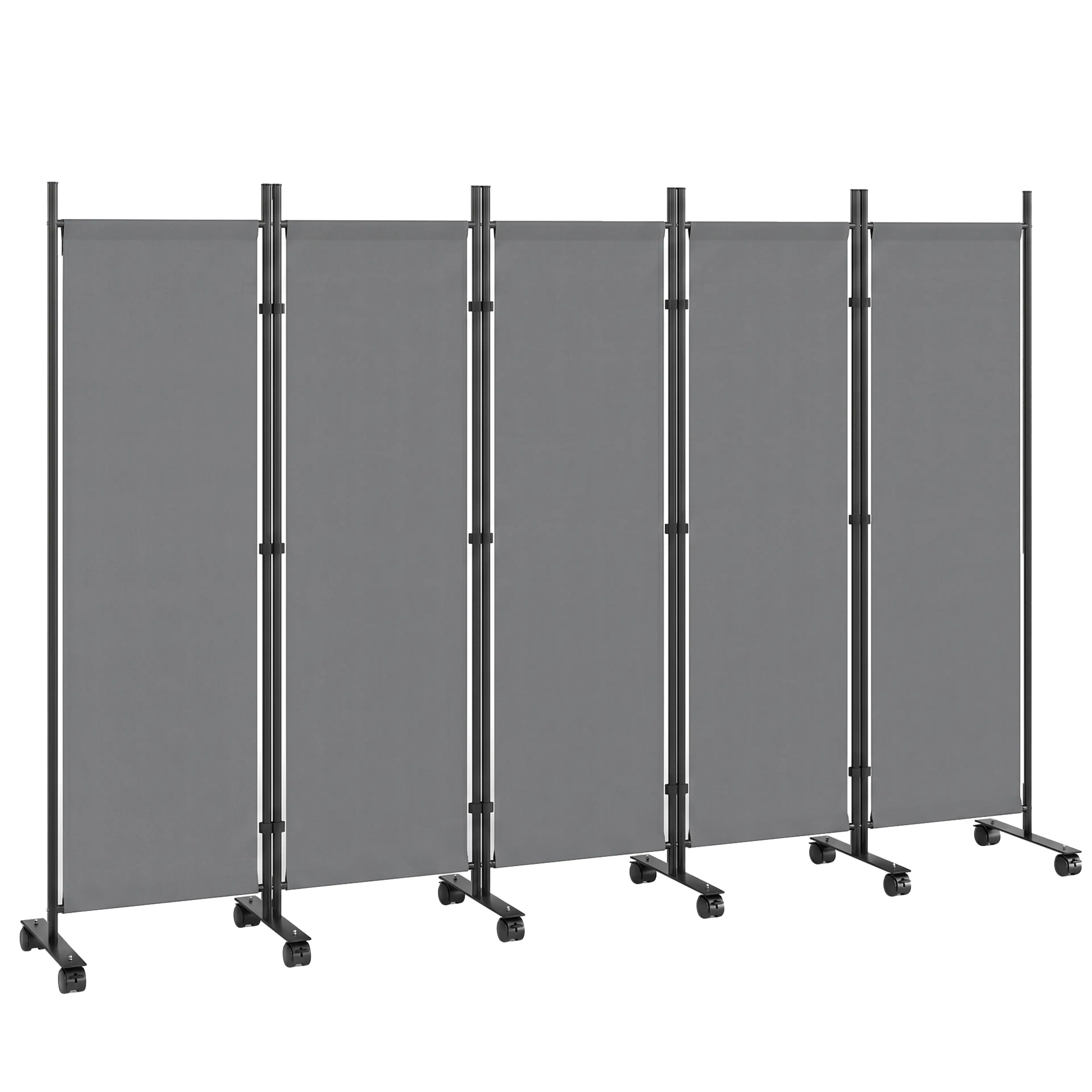 Rumsavdelare på hjul 252 × 170 cm – 5 paneler i mörkgrå polyester