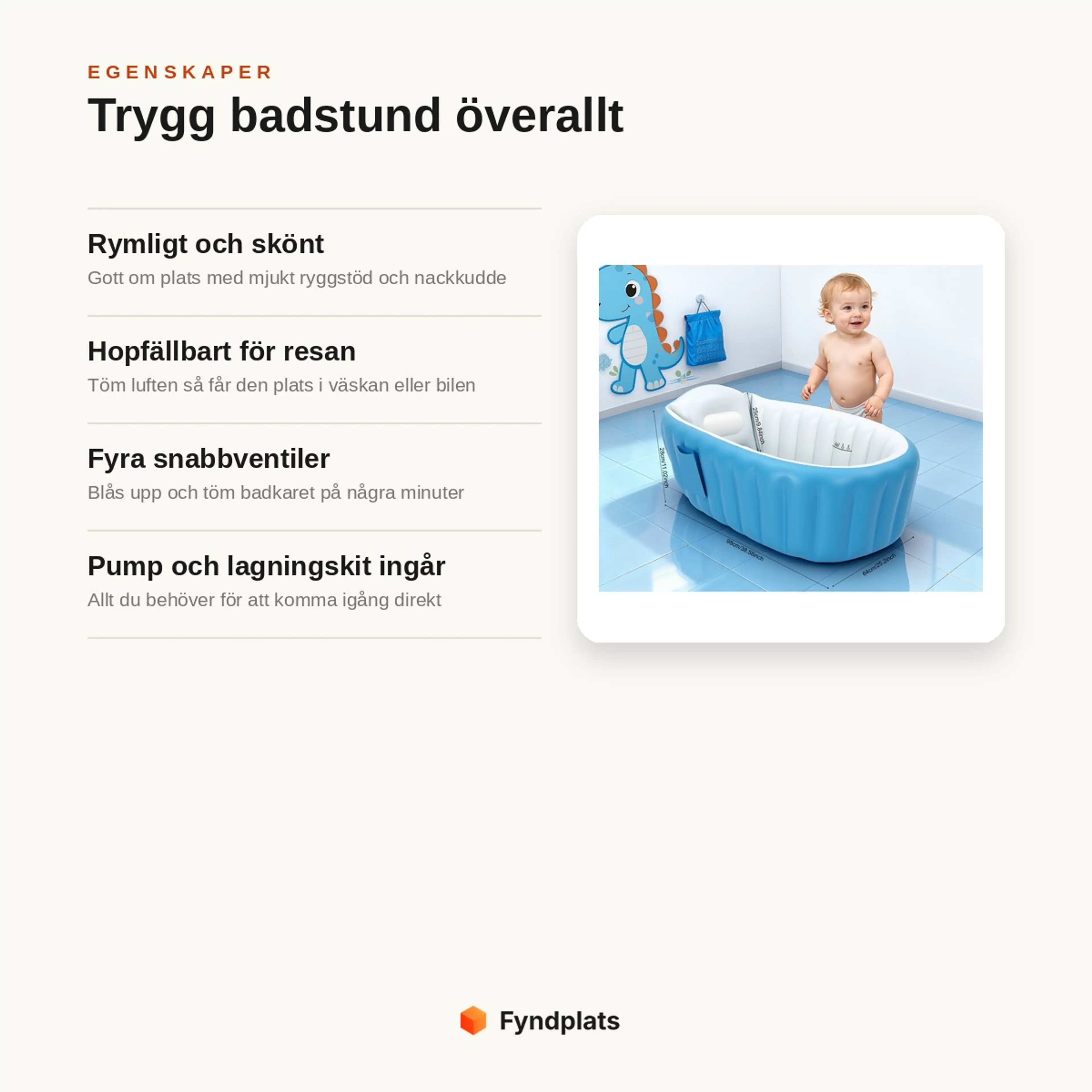 Egenskaper: rymligt med ryggstöd, hopfällbart för resan, fyra snabbventiler och pump ingår