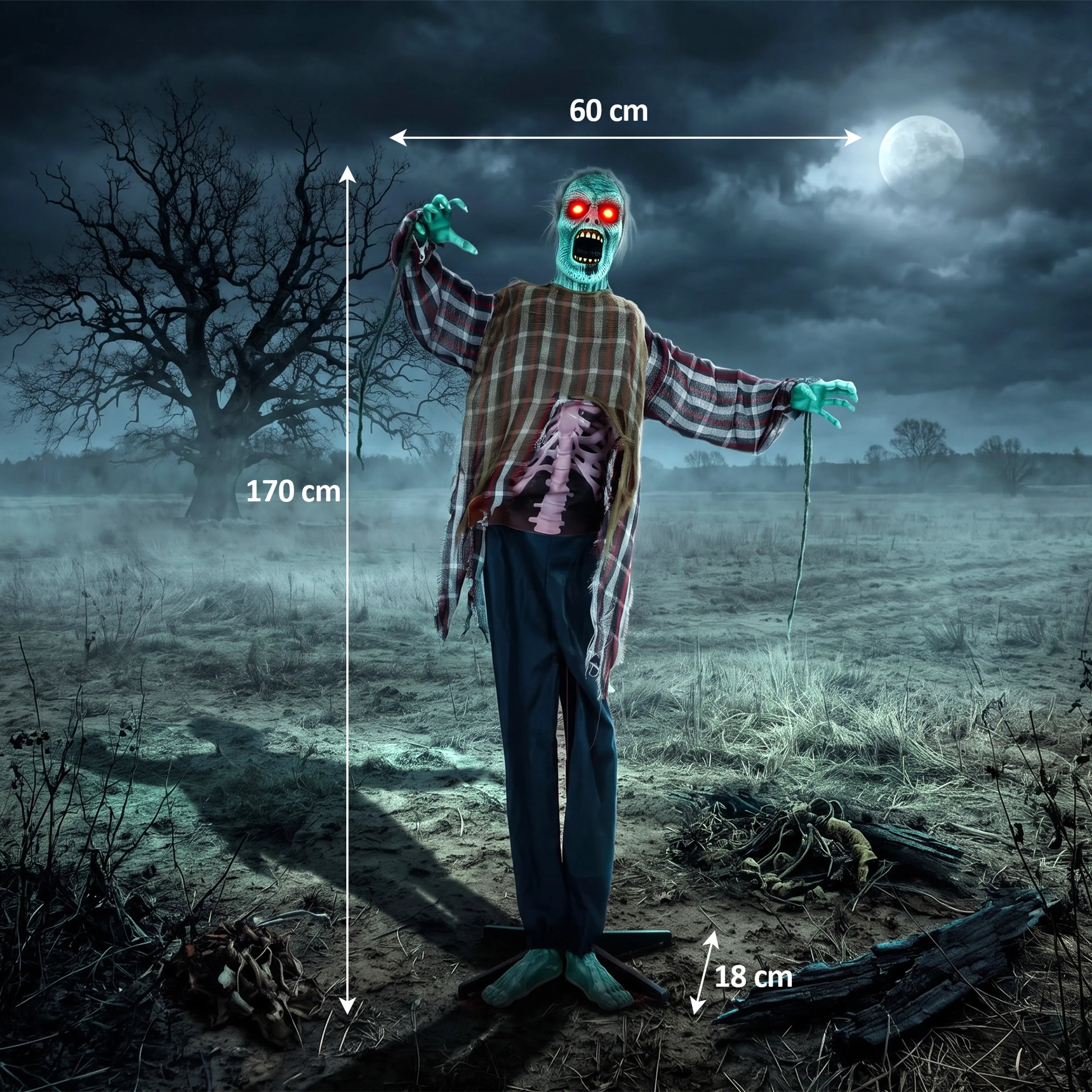 Animerad halloweenzombie 170 cm med ljud och röda LED-ögon – bild 6