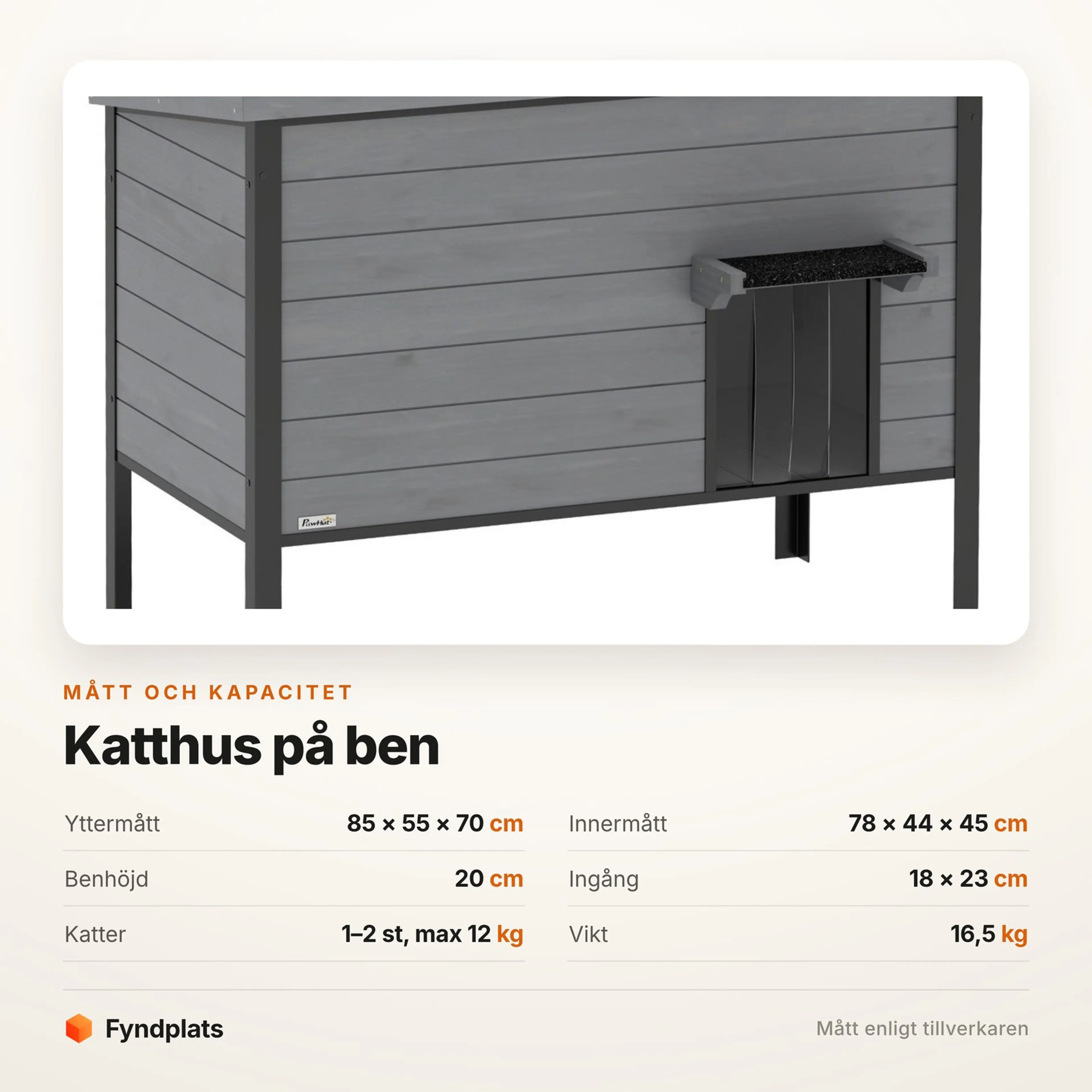 Specifikationskort: katthus 85 × 55 × 70 cm på 20 cm ben, för 1–2 katter upp till 12 kg