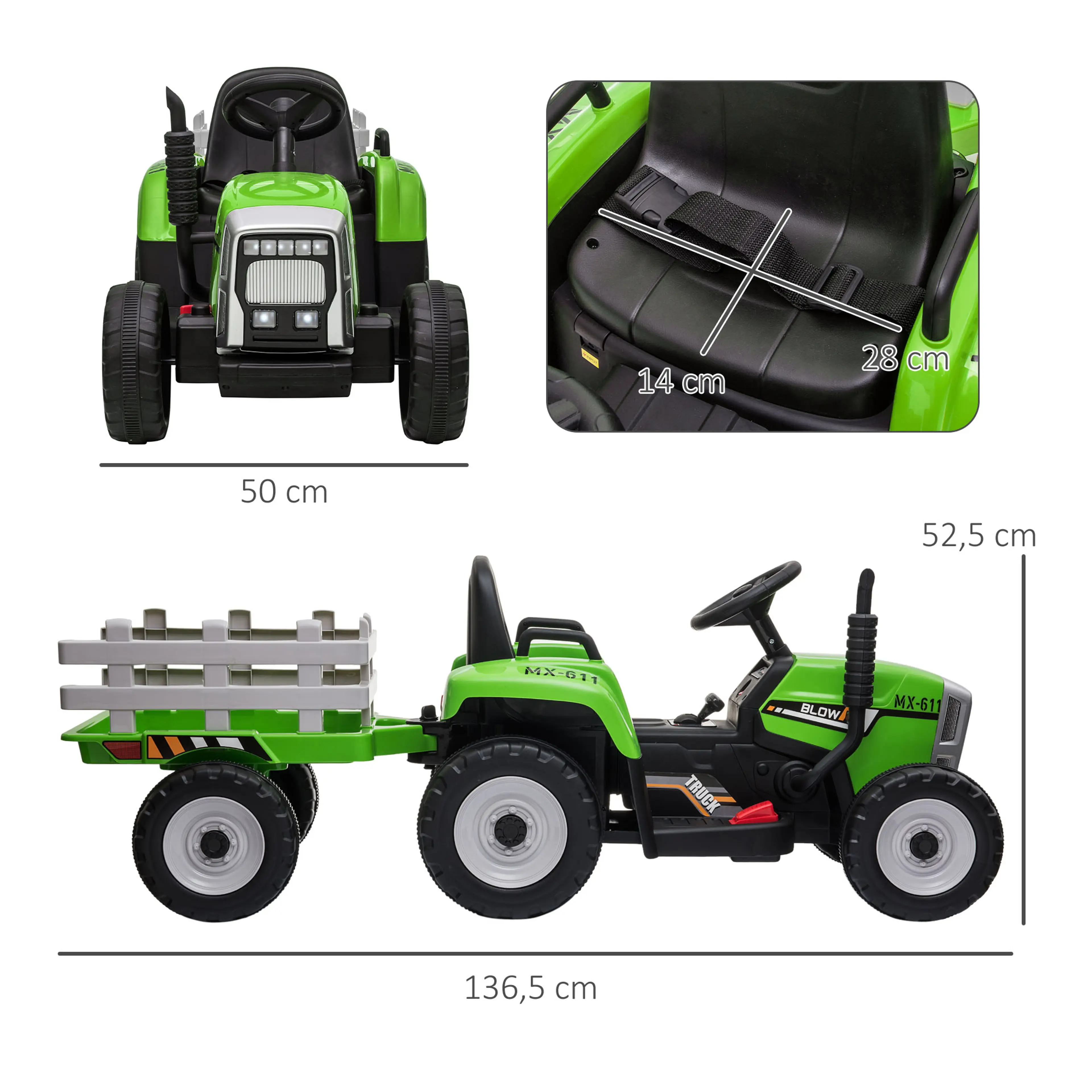 Måttskiss för eltraktor barn med släp: 136,5 × 50 × 52,5 cm, sits 28 × 14 cm