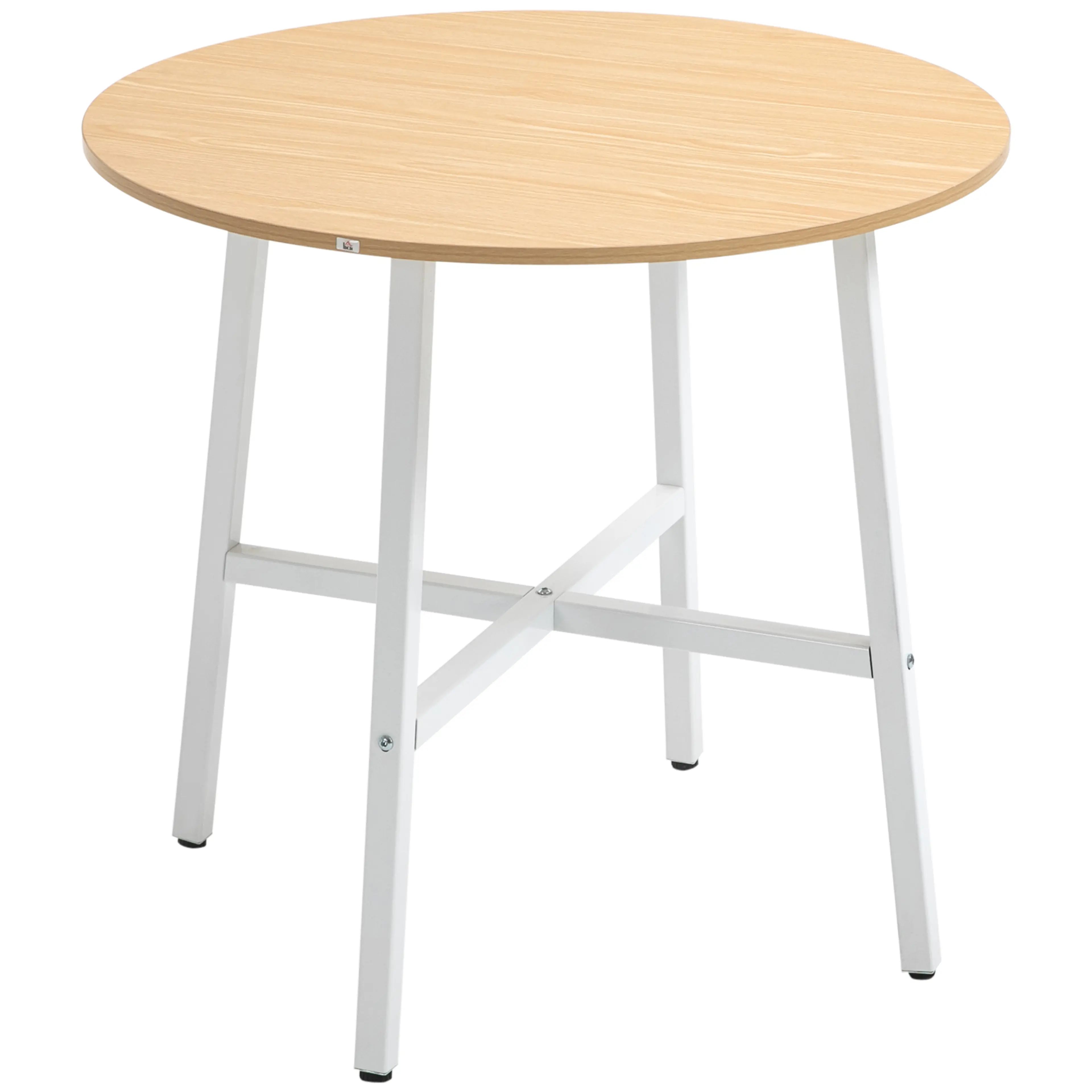 Runt matbord med skiva i ljus träton och vita stålben med kryss