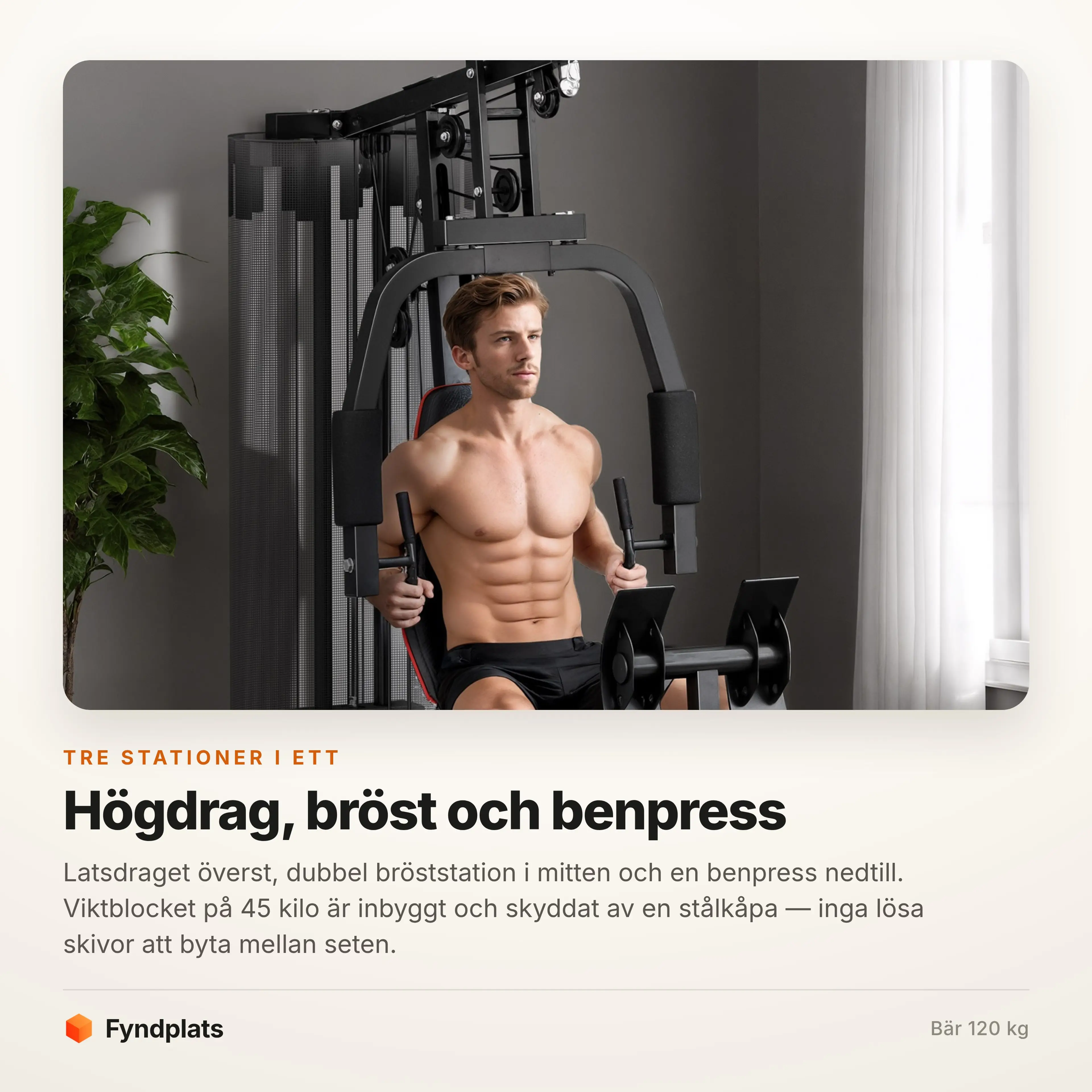 Maskinens tre stationer: latsdrag, bröst och benpress