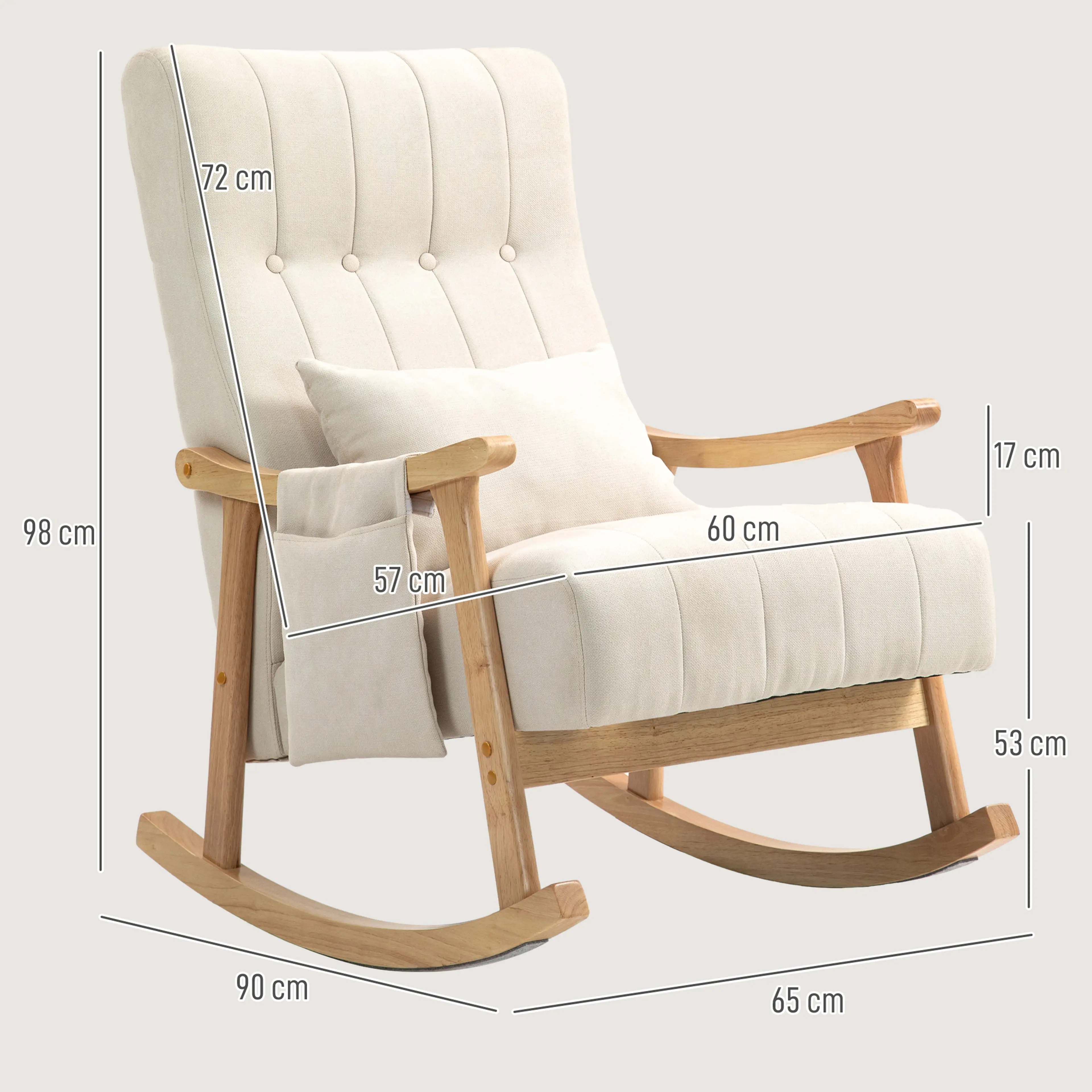 Måttritning med 65 × 90 × 98 cm och sitsens 60 cm bredd
