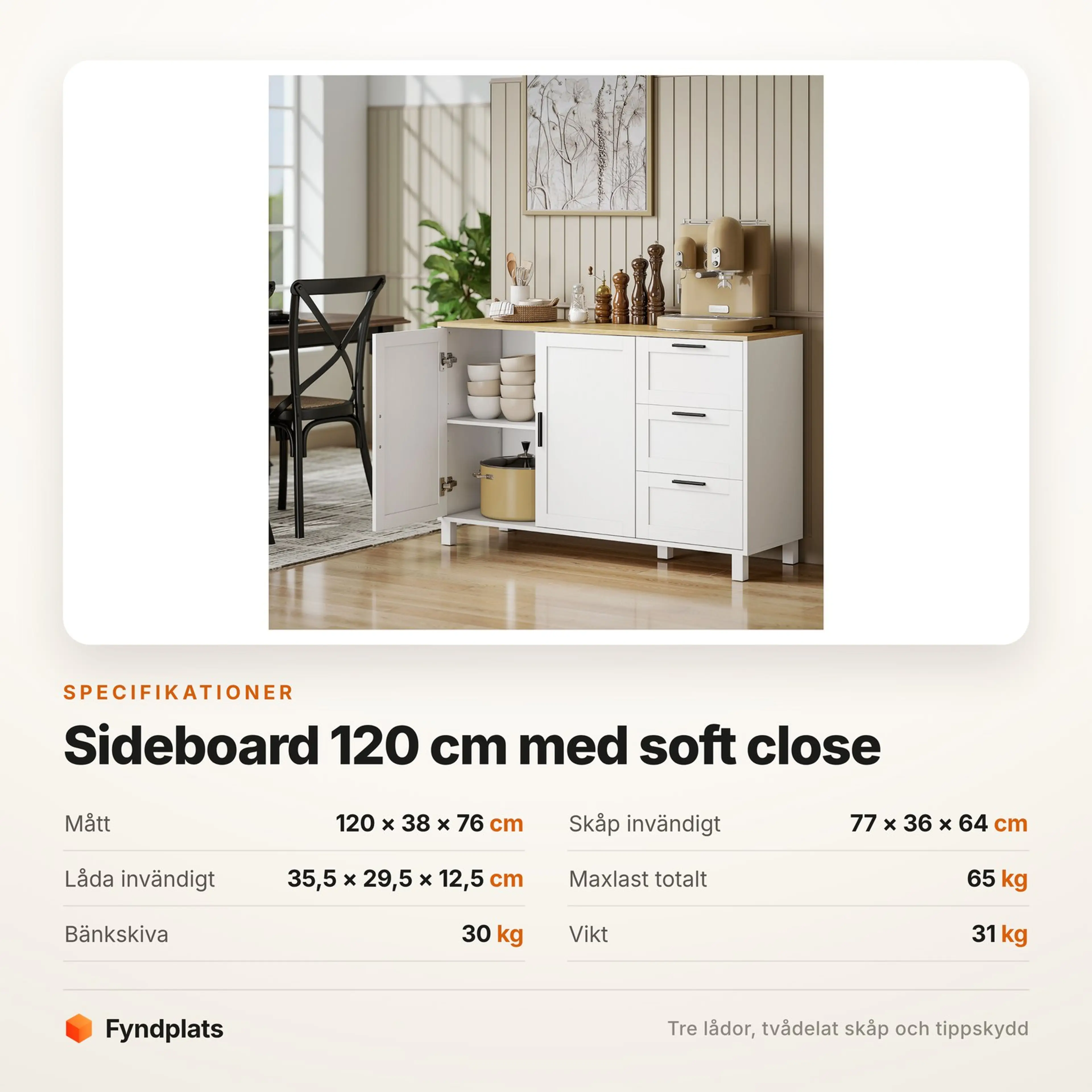 Sideboard 120 cm med soft close, tre lådor och tippskydd – bild 5