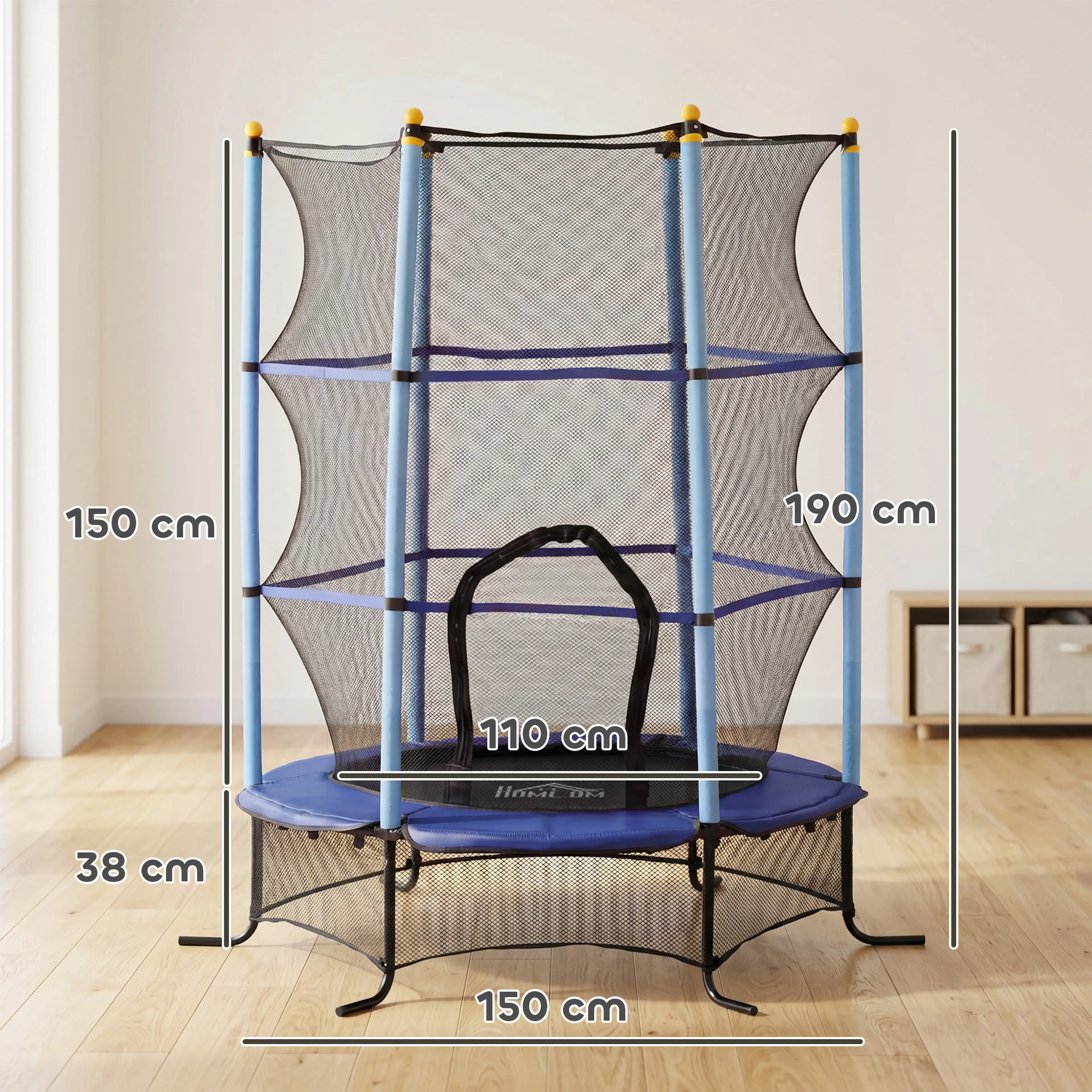 Måttskiss: skyddsnätet 150 cm, totalhöjden 190 cm och hoppytan Ø110 cm på 38 cm höjd