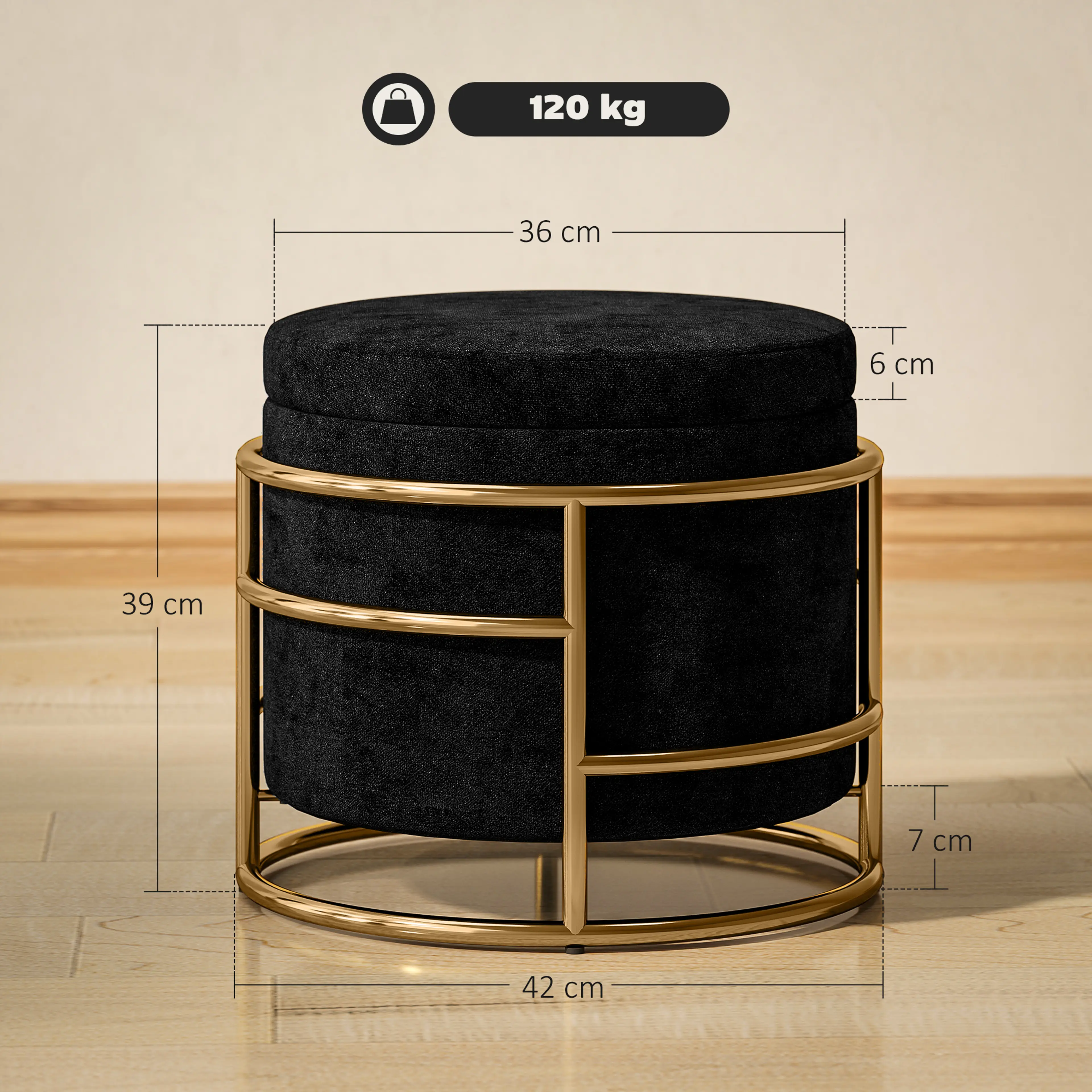 Måttbild: puffen är Ø42 × 39 cm, står 7 cm över golvet och bär 120 kg