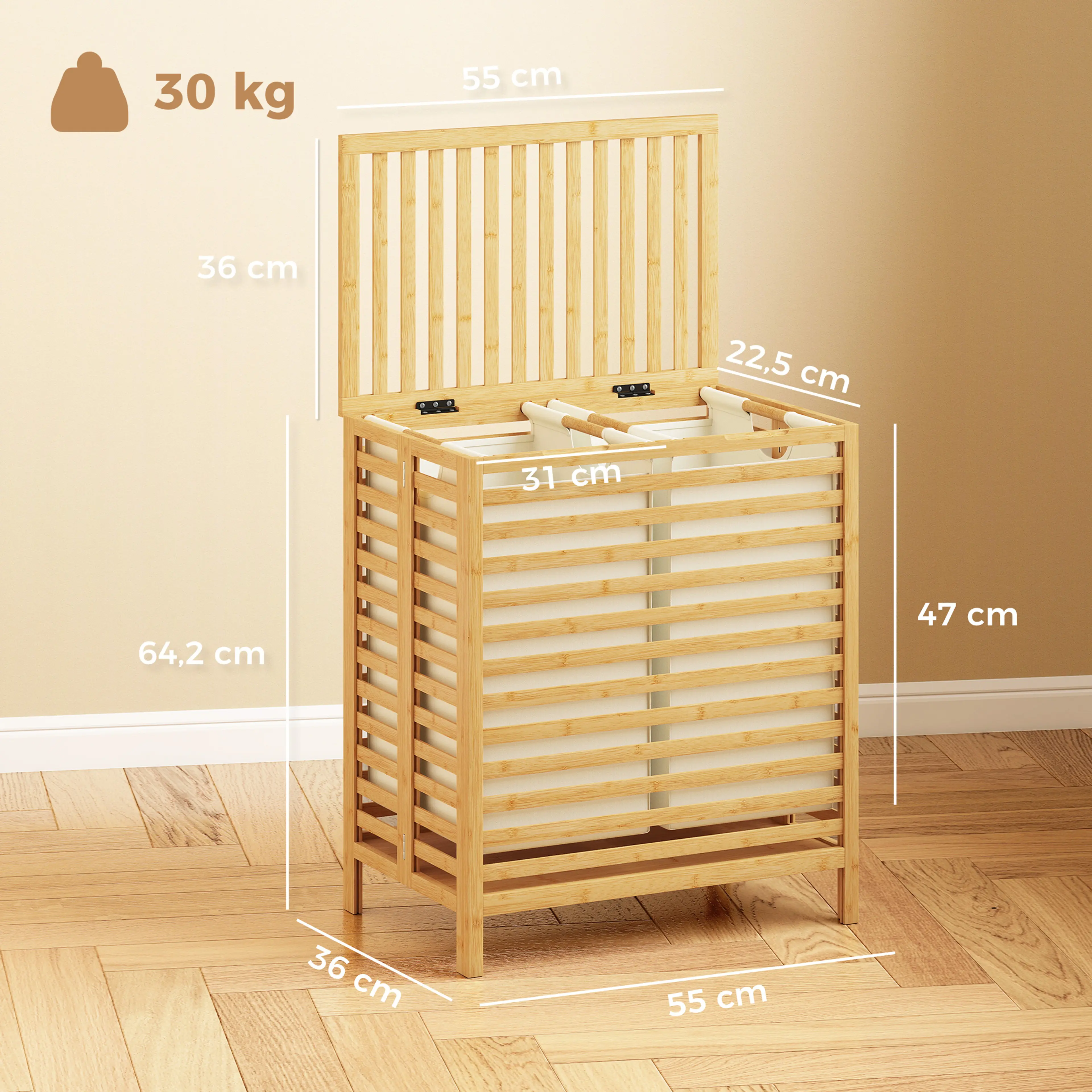 Måttskiss: 55 cm bred, 36 cm djup och 64,2 cm hög, säckarna 31 × 22,5 × 47 cm