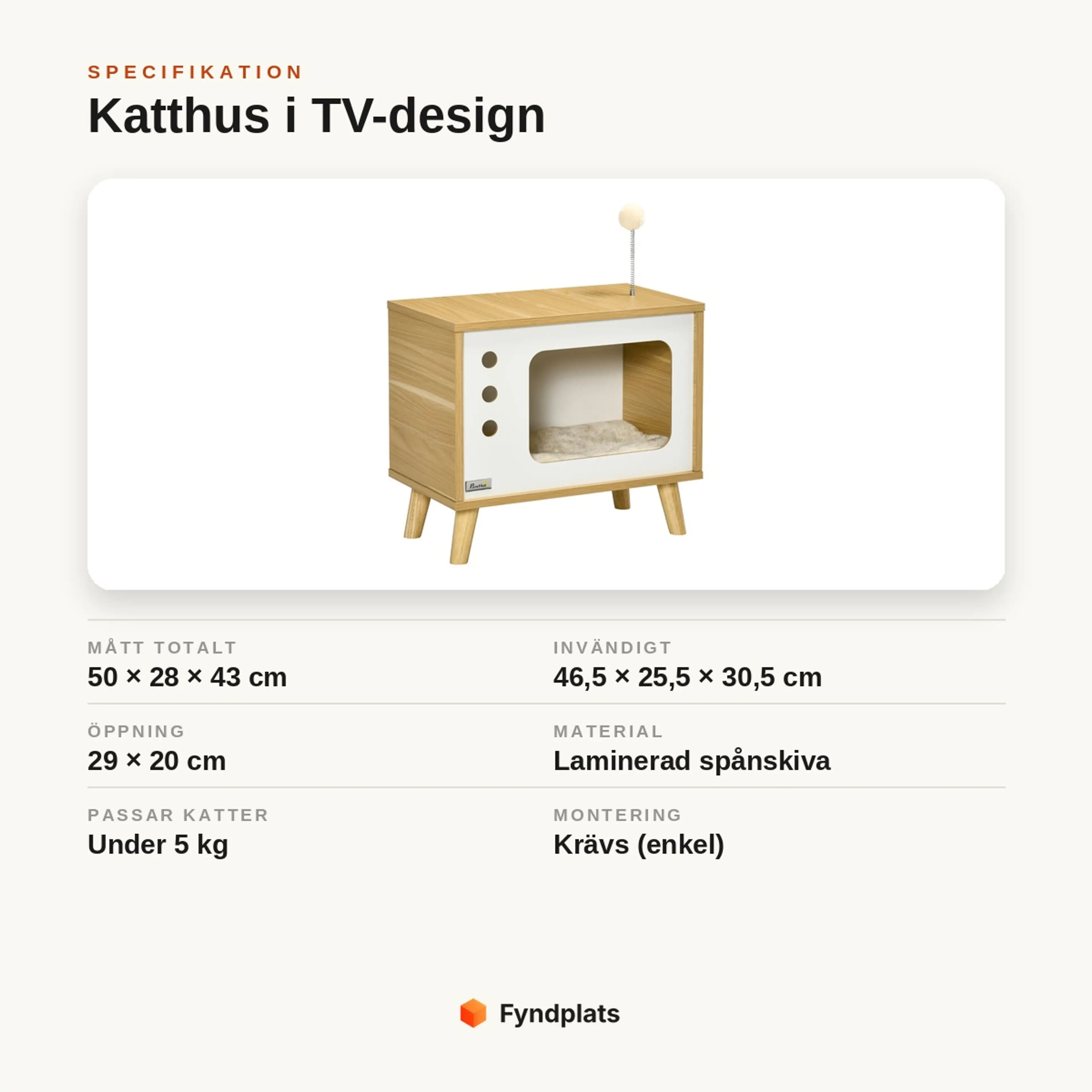 Specifikationskort: katthus i TV-design 50 × 28 × 43 cm i laminerad spånskiva, för katter under 5 kg, enkel montering