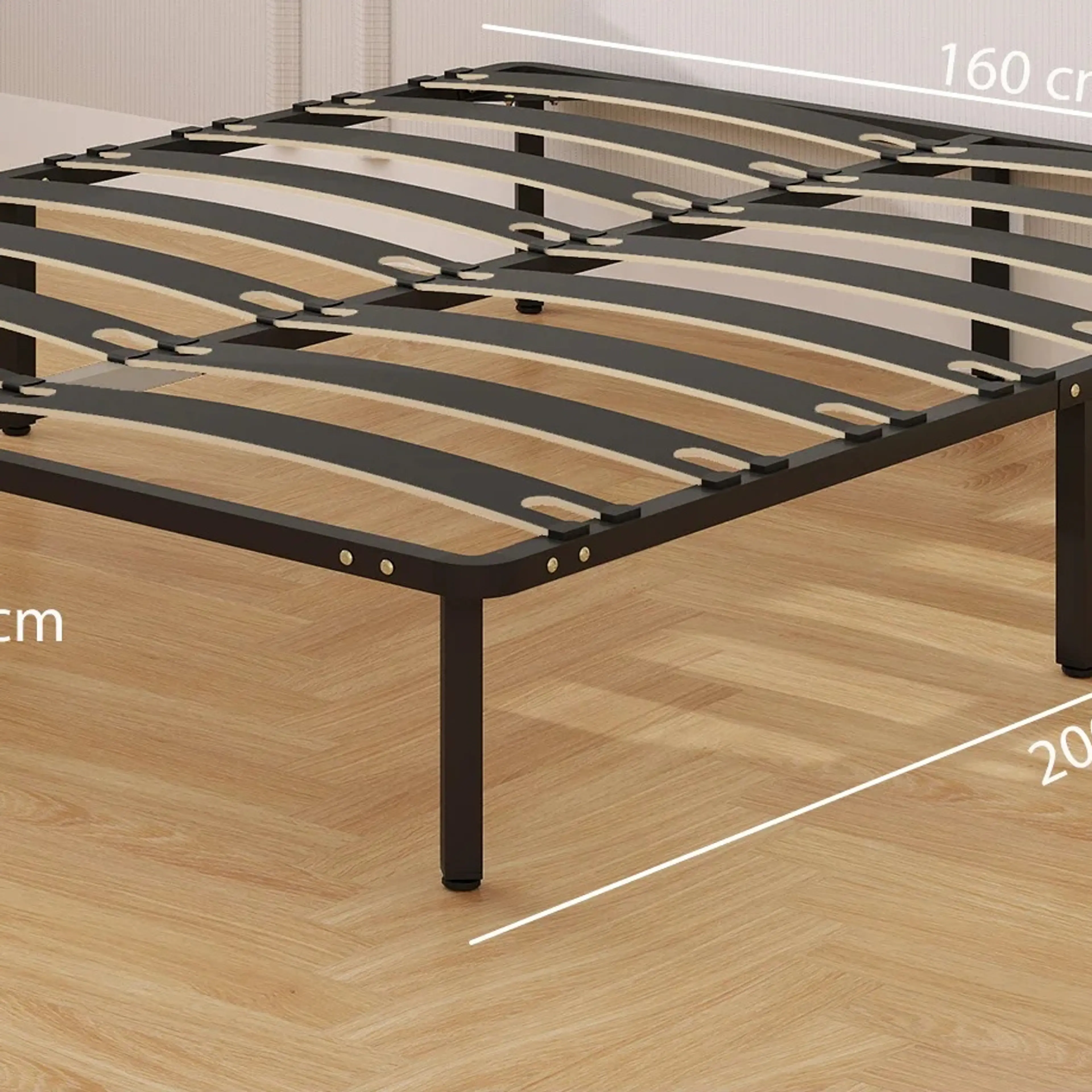 Sängramens mått: 200 cm lång, 32 cm hög och 26 cm fri höjd under ramen