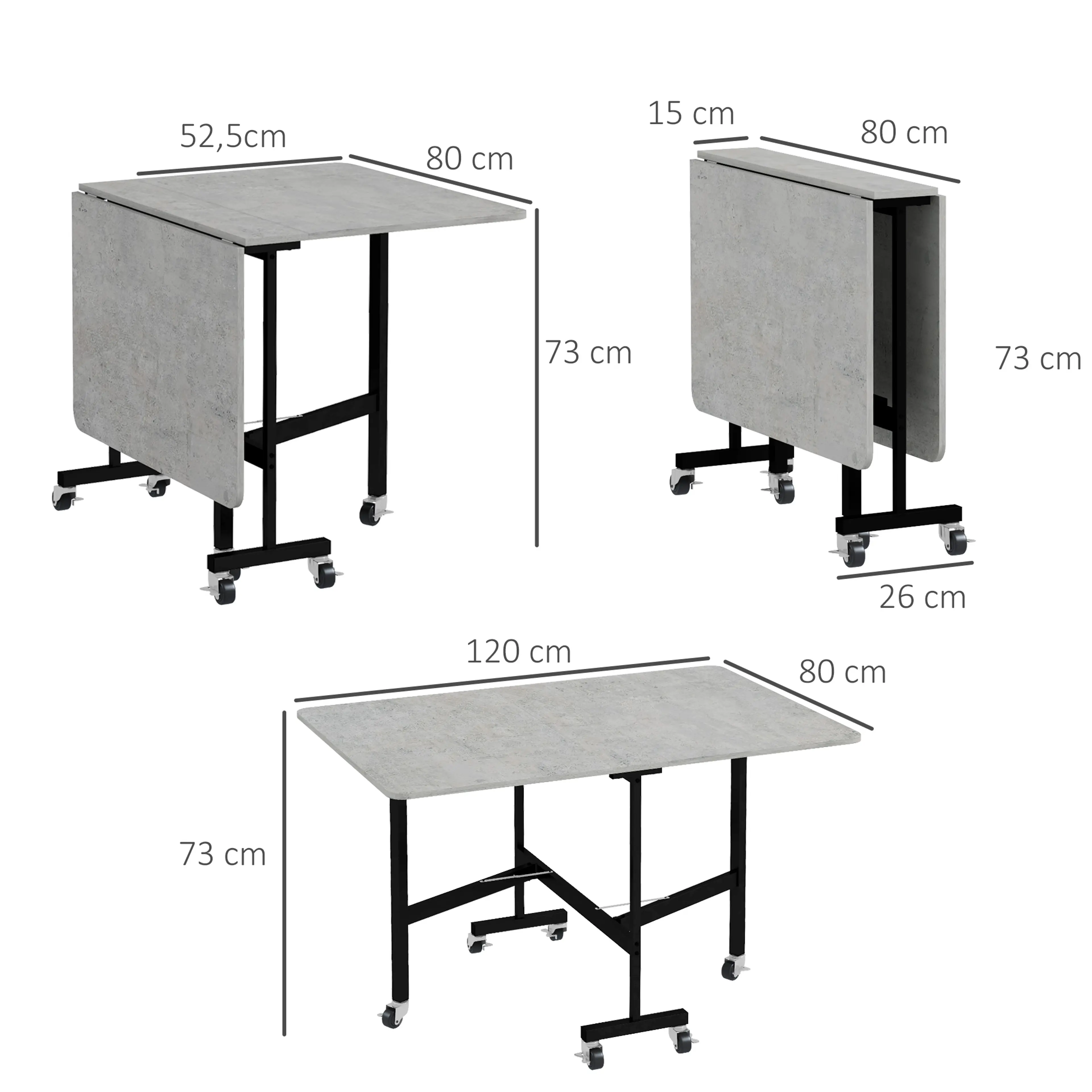Måttbild: bordet med en klaff uppe, hopfällt till 26 cm och utfällt till 120 × 80 cm, 73 cm högt