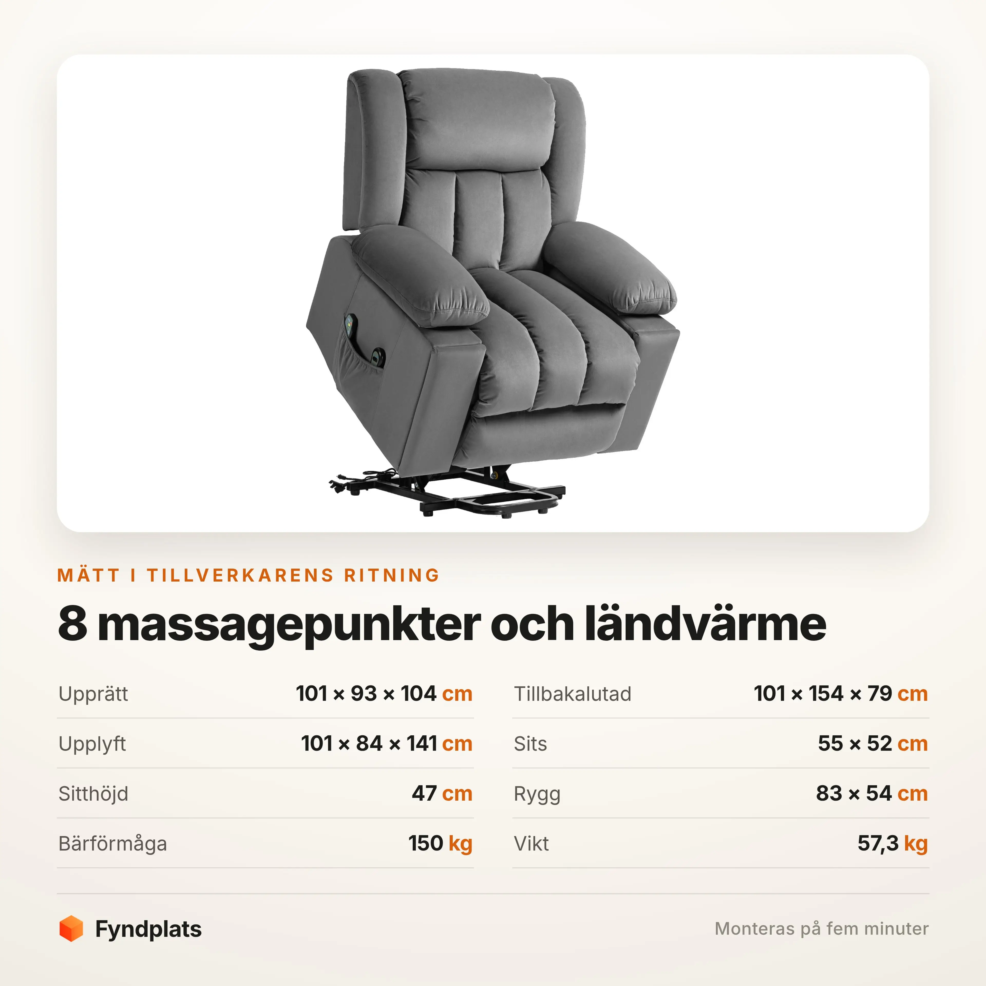 Specifikationer: 101 × 93 × 104 cm, 8 massagepunkter, bär 150 kg