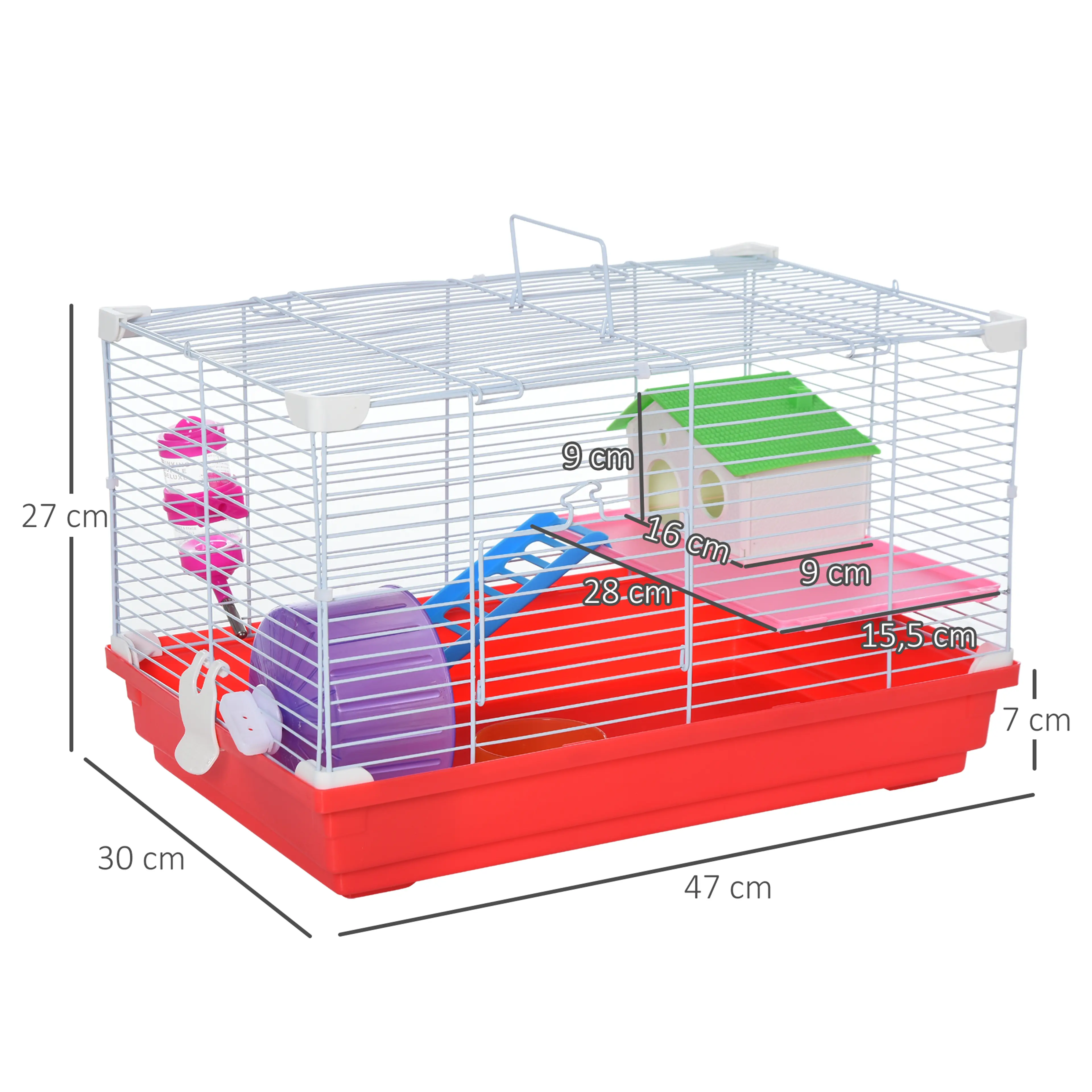 Måttskiss på hamsterburen: 47 cm bred, 30 cm djup och 27 cm hög, med mått på plattform, gömhus och stege