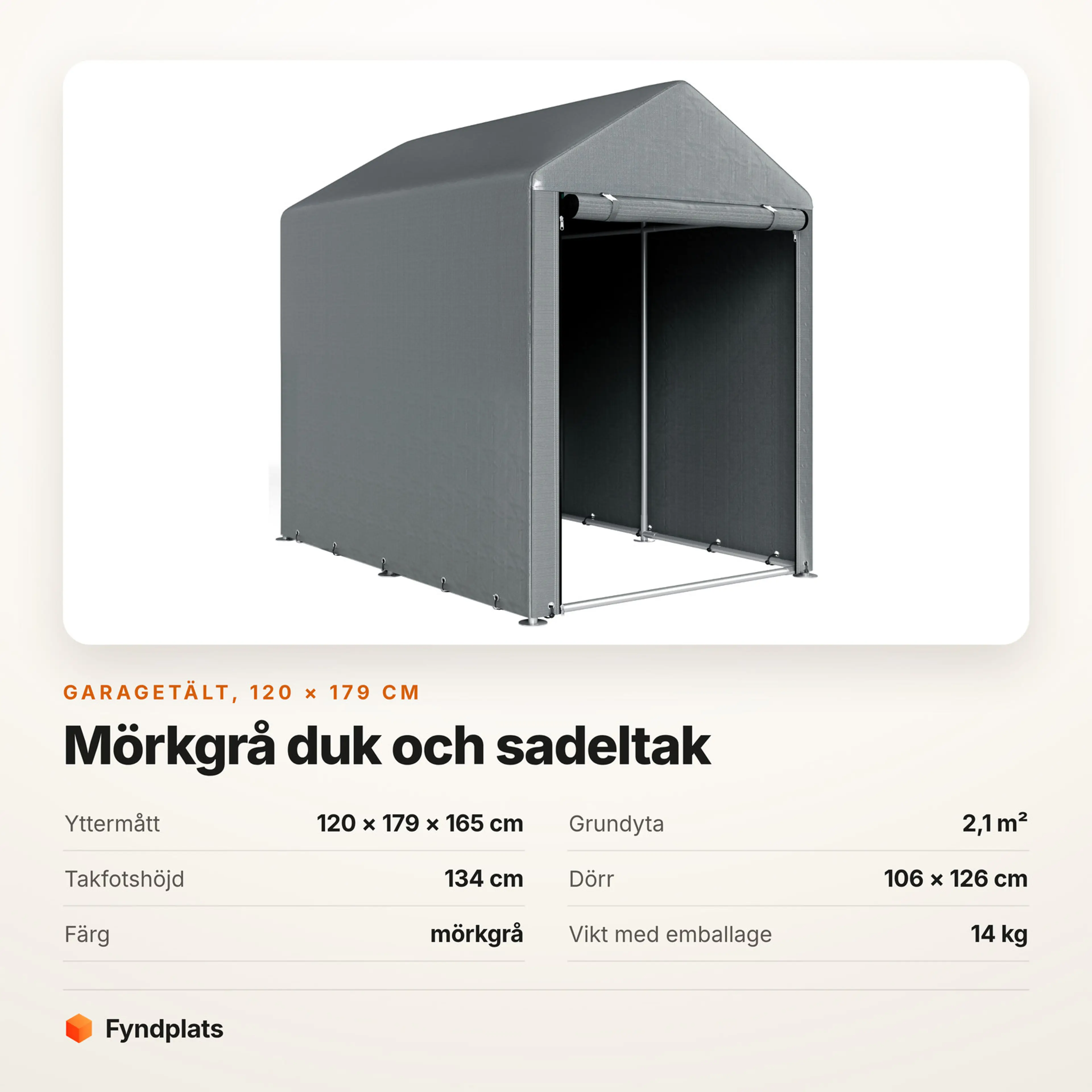 Faktakort för mörkgrått garagetält 120 × 179 cm med mått och vikt