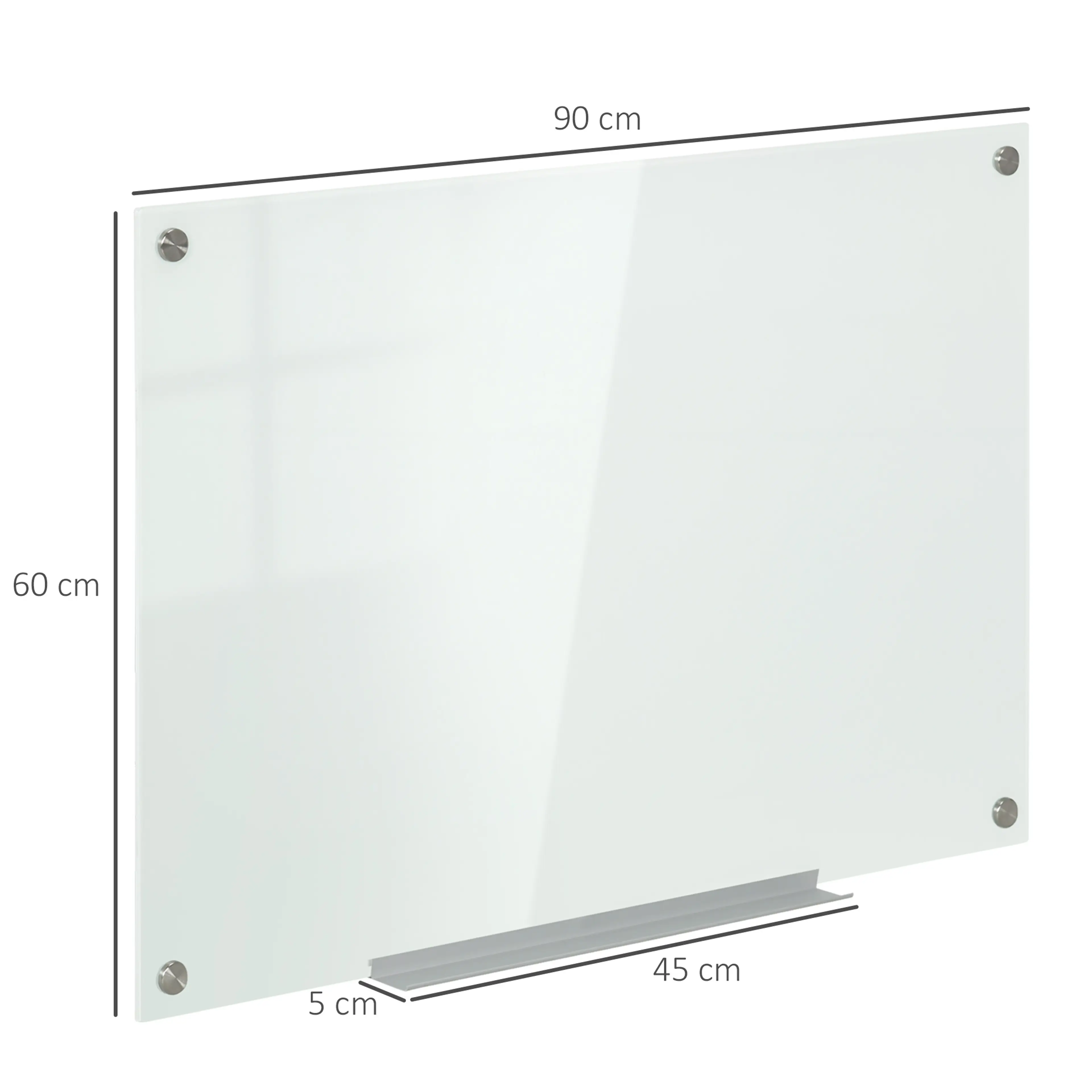 Måttbild: whiteboarden är 90 × 60 cm och pennhyllan 45 × 5 cm