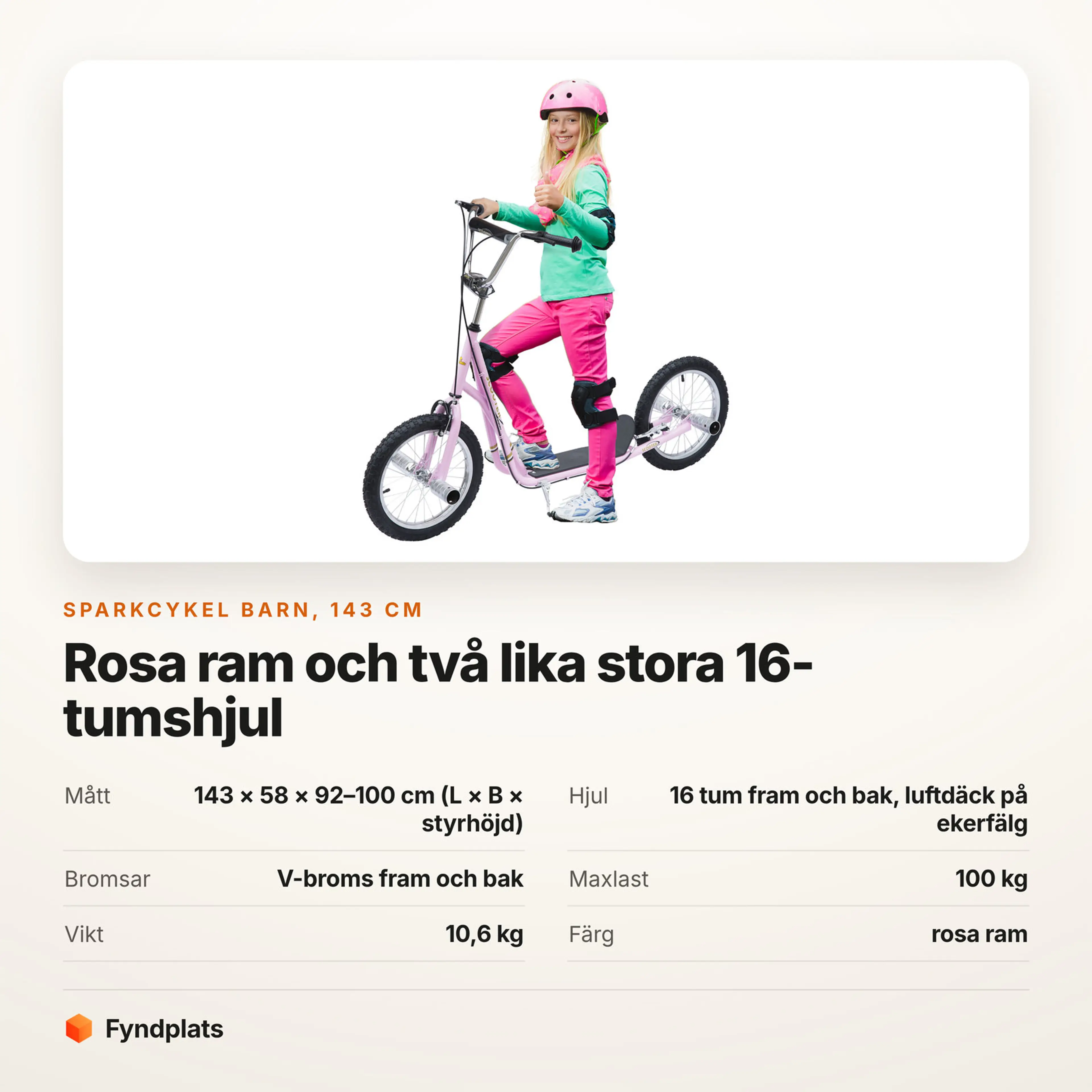 Faktakort för rosa sparkcykel barn: 143 cm lång och två lika stora 16-tumshjul