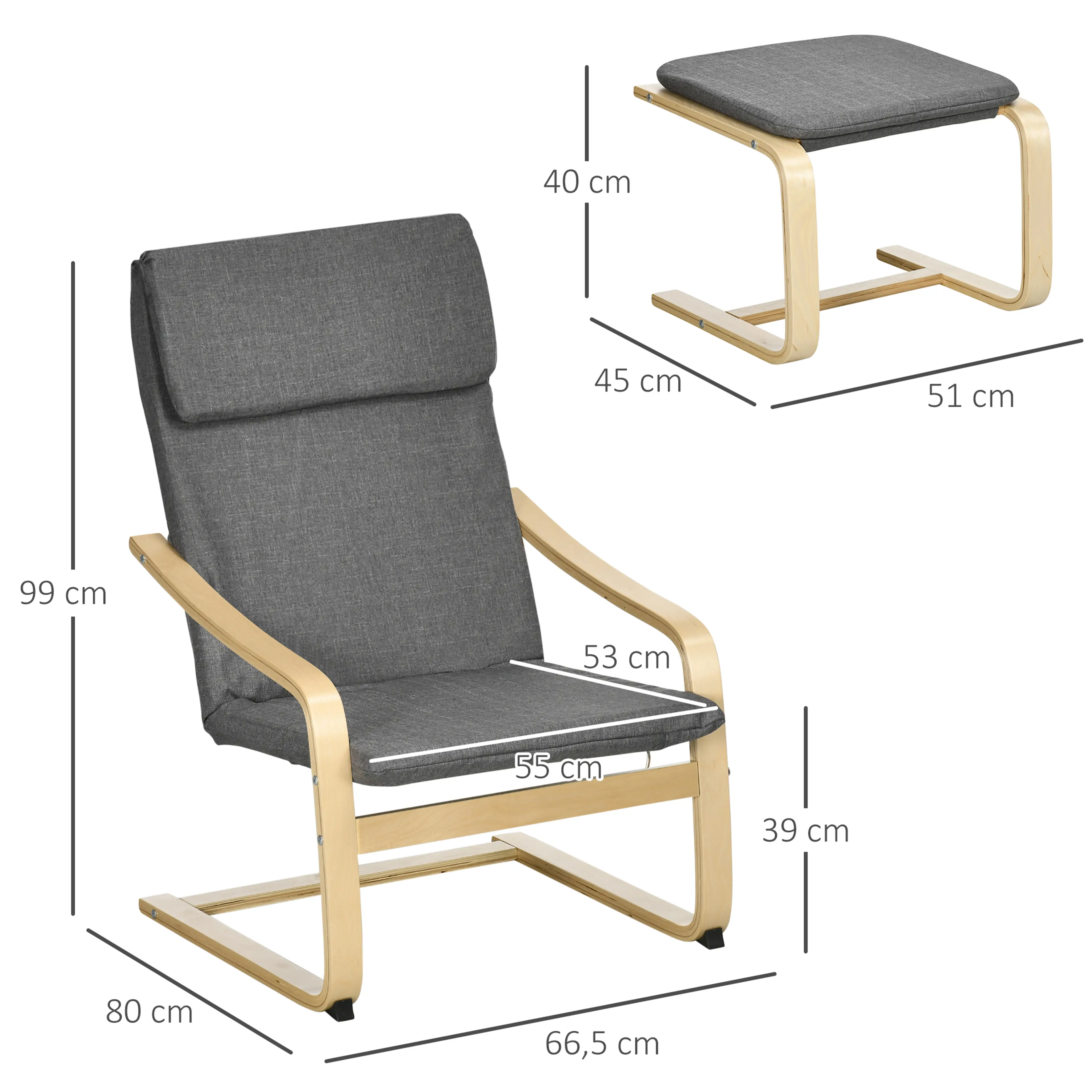 Måttskiss: fåtölj 66,5 × 80 × 99 cm och fotpall 51 × 45 × 40 cm